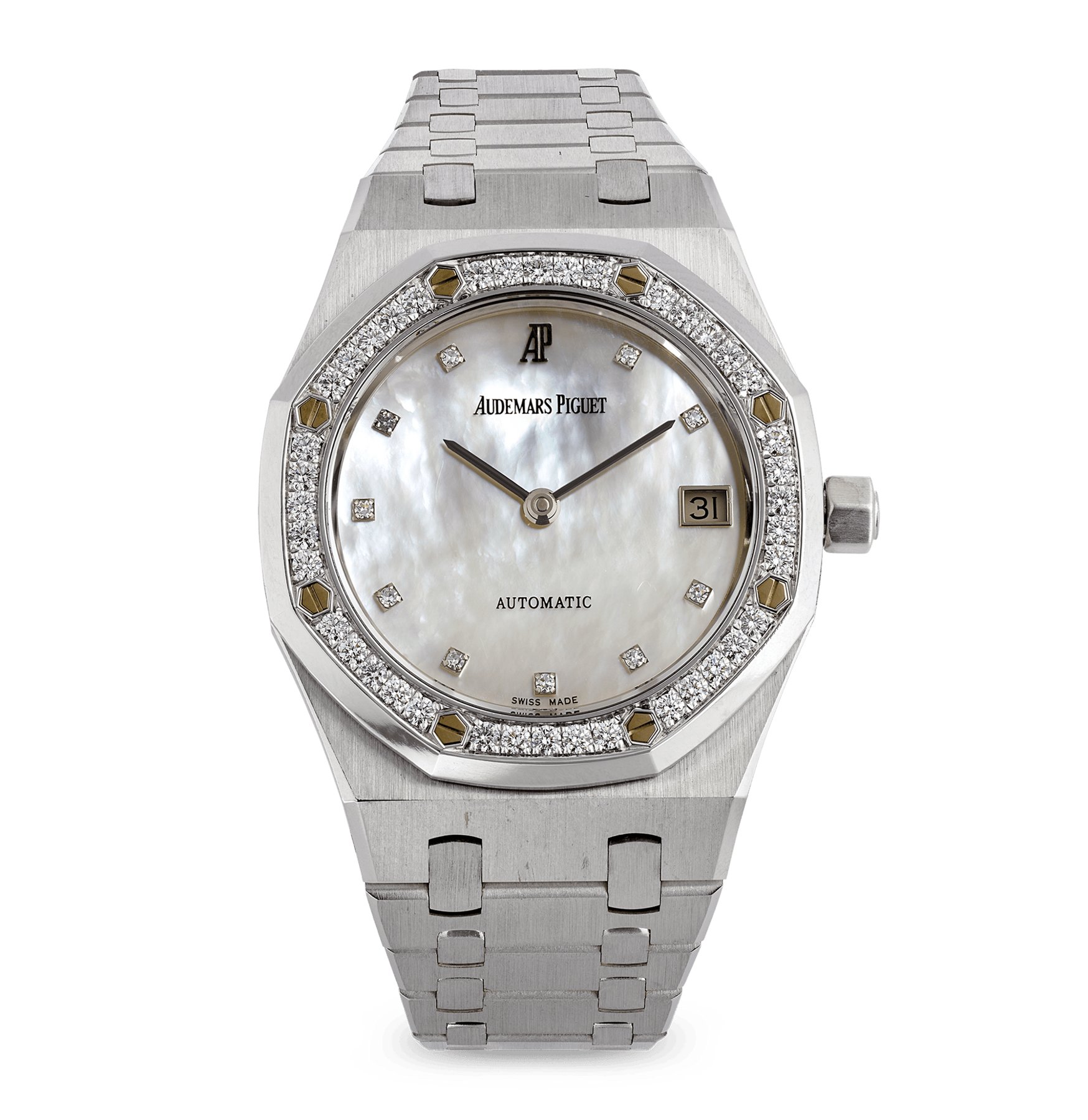 تصویر منبع؛ ساعت مچی Audemars Piguet Royal Oak طلای سفید با صفحه صدف و الماس