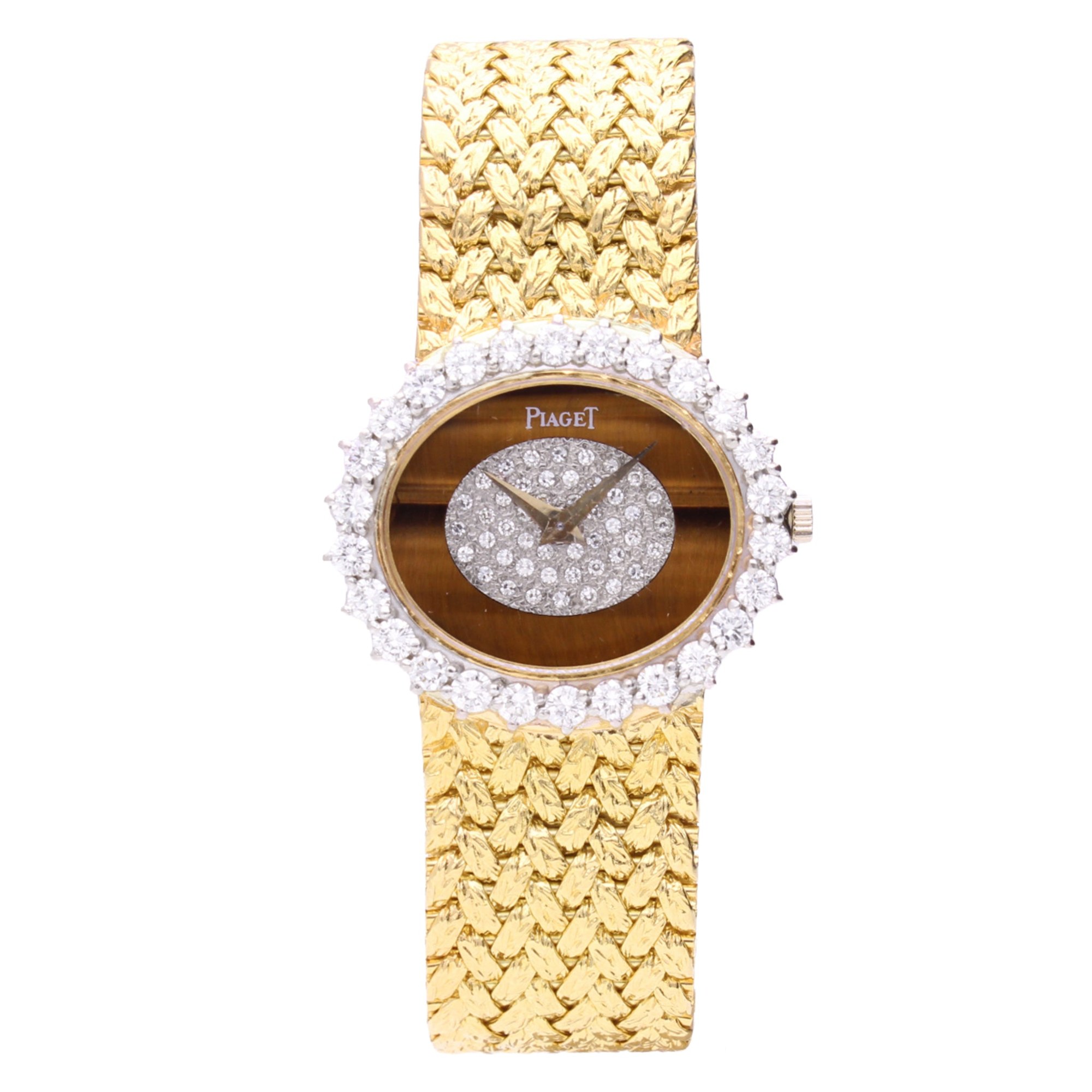 تصویر منبع؛ ساعت مچی بیضیشکل طلای ۱۸ عیار Piaget با صفحه سنگ چشمببر، ۱۹۷۰