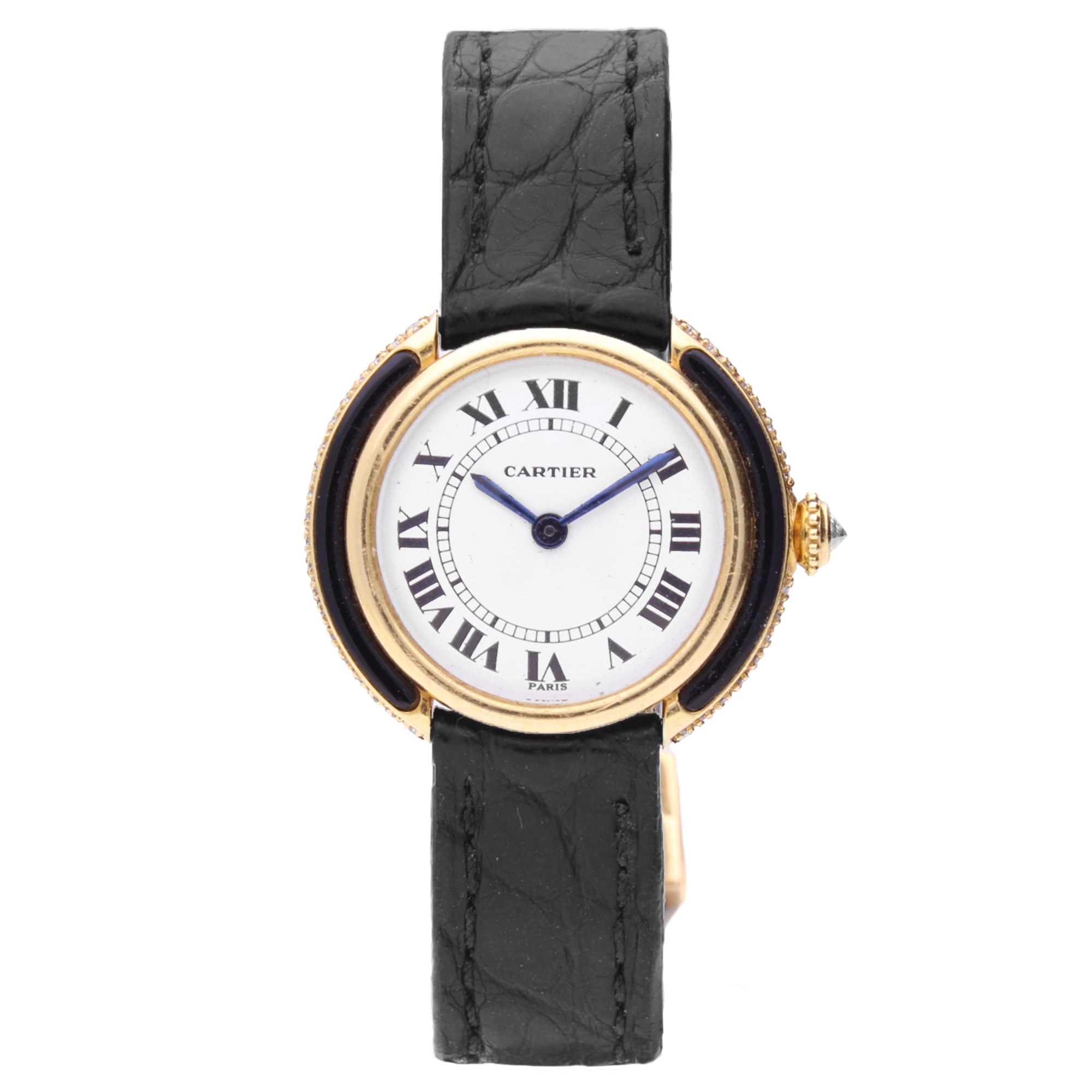 تصویر منبع؛ ساعت مچی طلای زرد ۱۸ عیار Cartier Vendôme با الماس و انیکس، دهه ۱۹۷۰