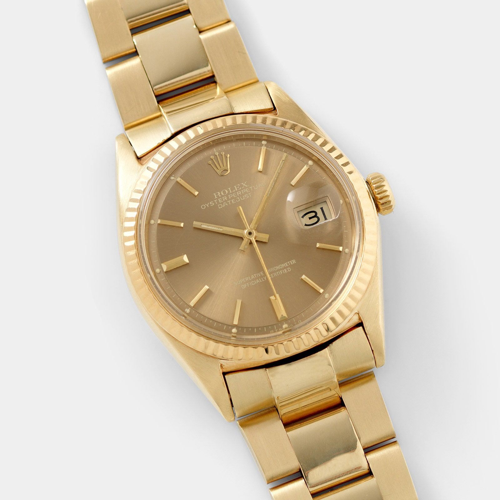 تصویر منبع؛ ساعت مچی Rolex Datejust 1601 طلای زرد ۱۴ عیار با صفحه تنباکویی