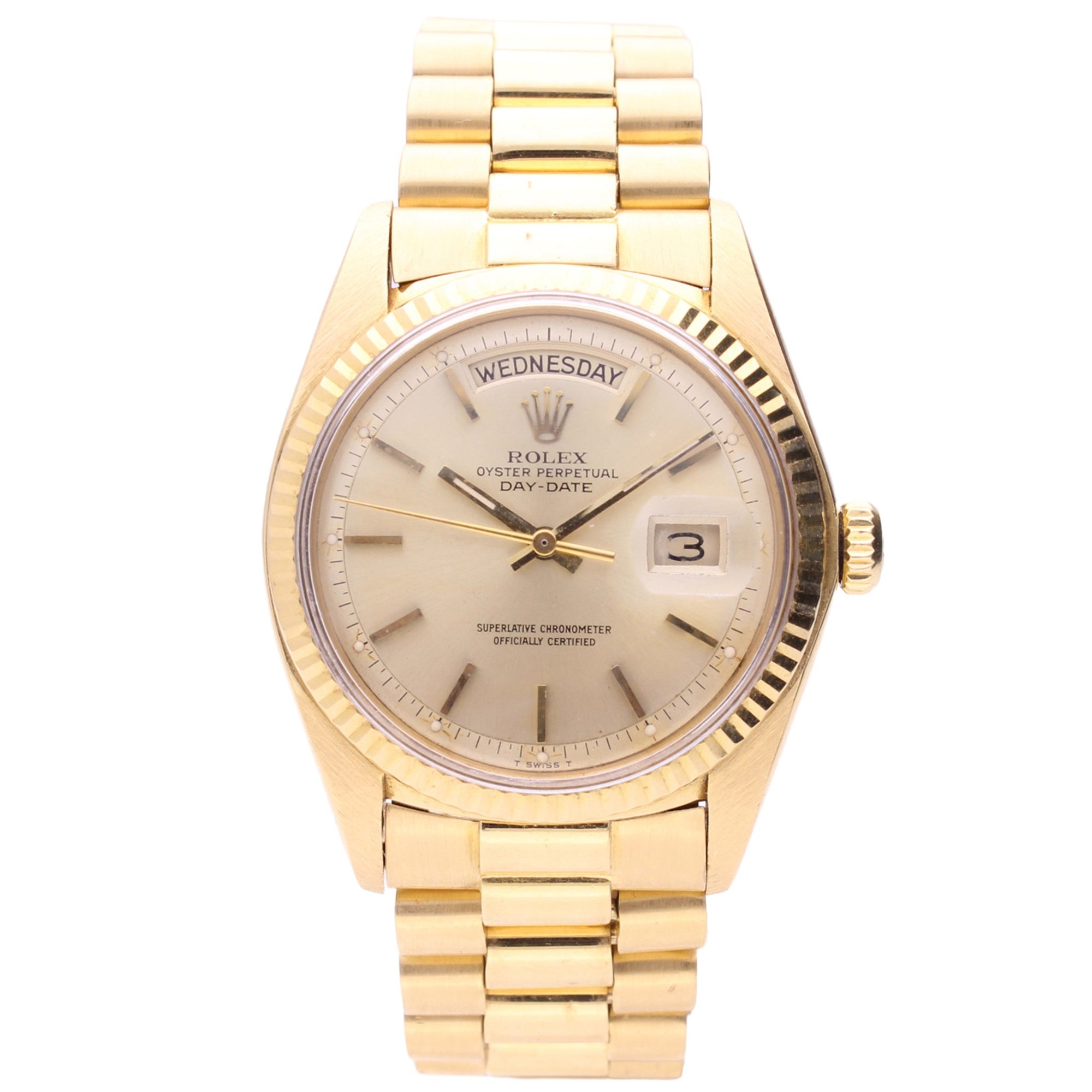 تصویر منبع؛ ساعت مچی طلای زرد ۱۸ عیار Rolex رفرنس 1803 مدل Oyster Perpetual Day/Date، ۱۹۷۷