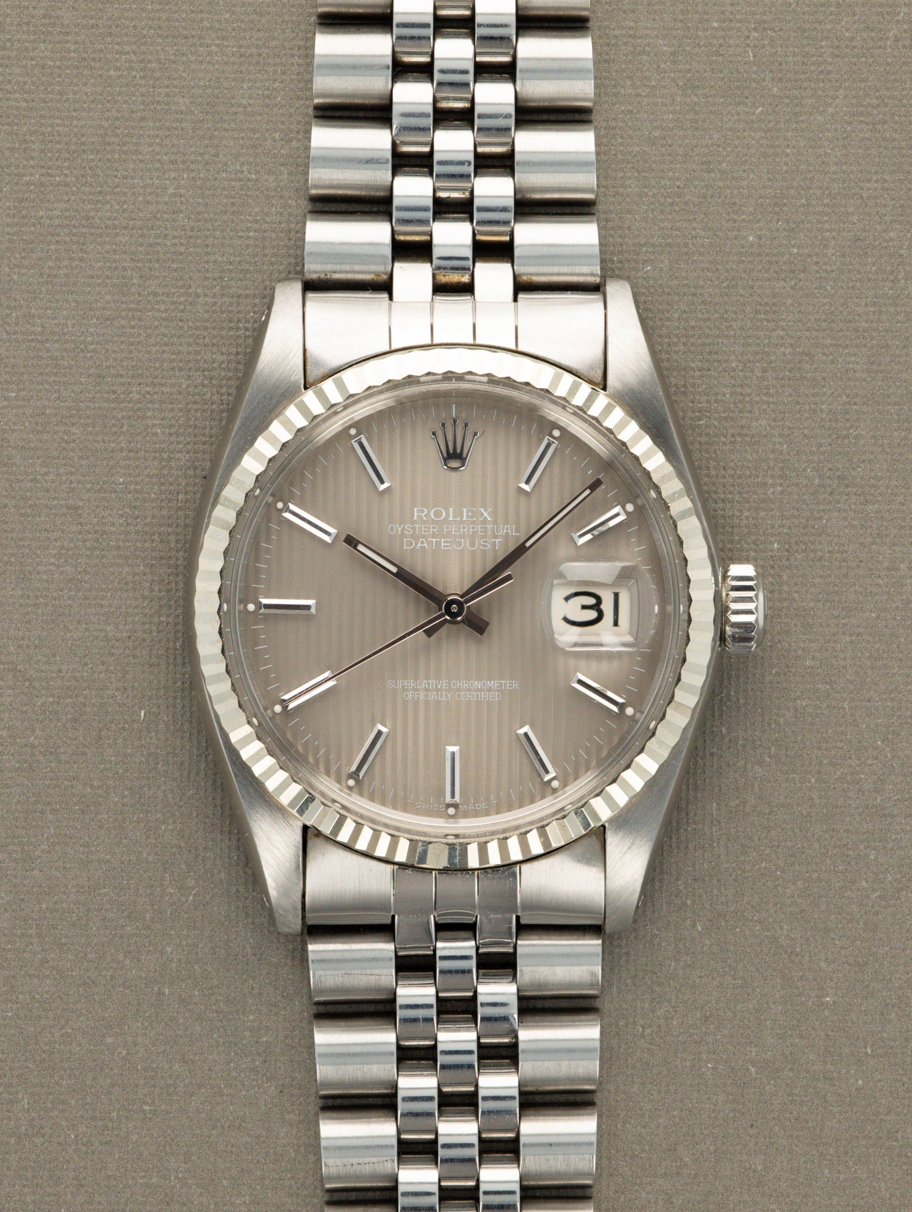 ساعت مچی رولکس Datejust رفرنس 16014 با صفحه Tapestry خاکستری حدود ۱۹۷۸
