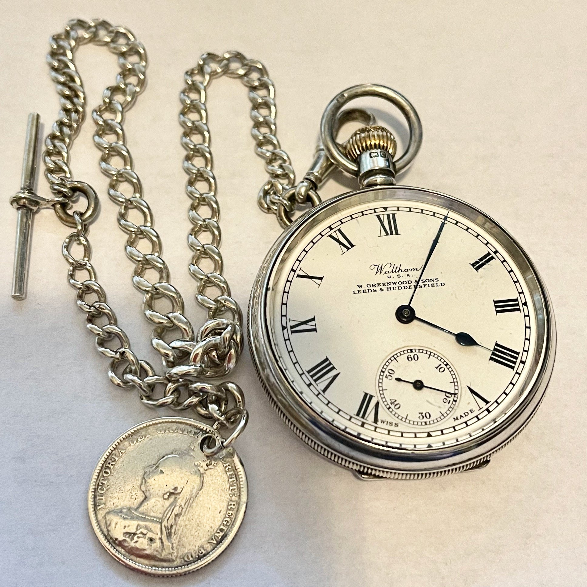 تصویر منبع؛ ساعت جیبی نقره استرلینگ Waltham ارائهشده توسط W. Greenwood and Sons