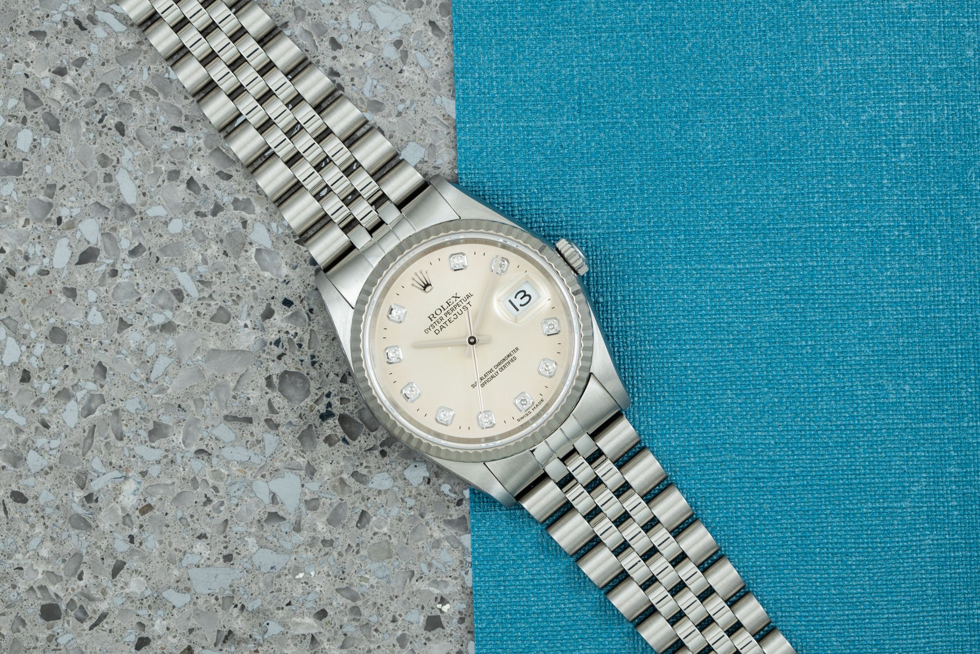 تصویر منبع؛ ساعت مچی Rolex Datejust Quickset با صفحه الماس و قاب ۳۶ میلیمتری