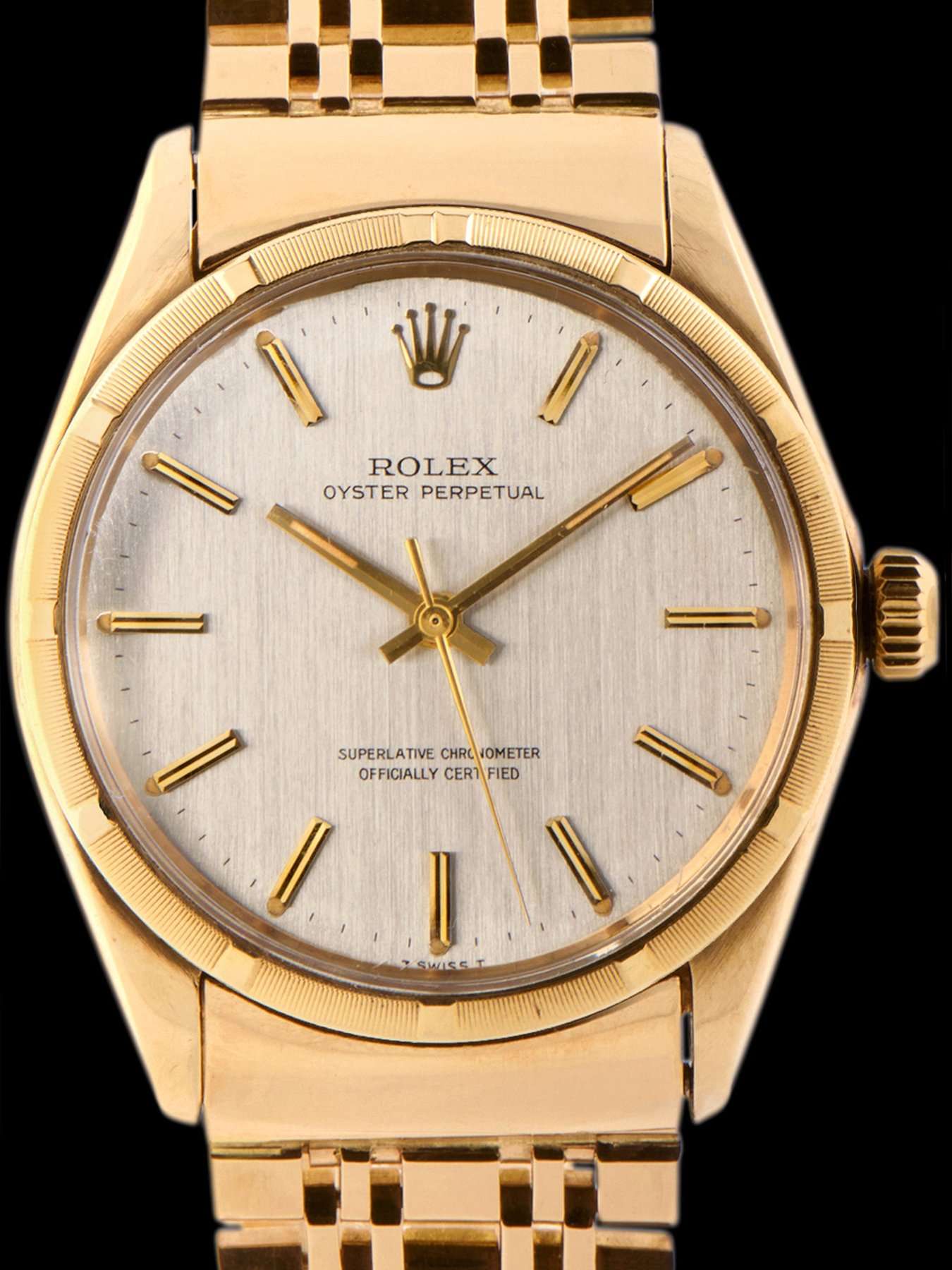 تصویر منبع؛ رولکس Oyster-Perpetual رفرنس 1002، سال ۱۹۶۶، طلای زرد 9K با بند طلای 14K ساخت Britton & Sons