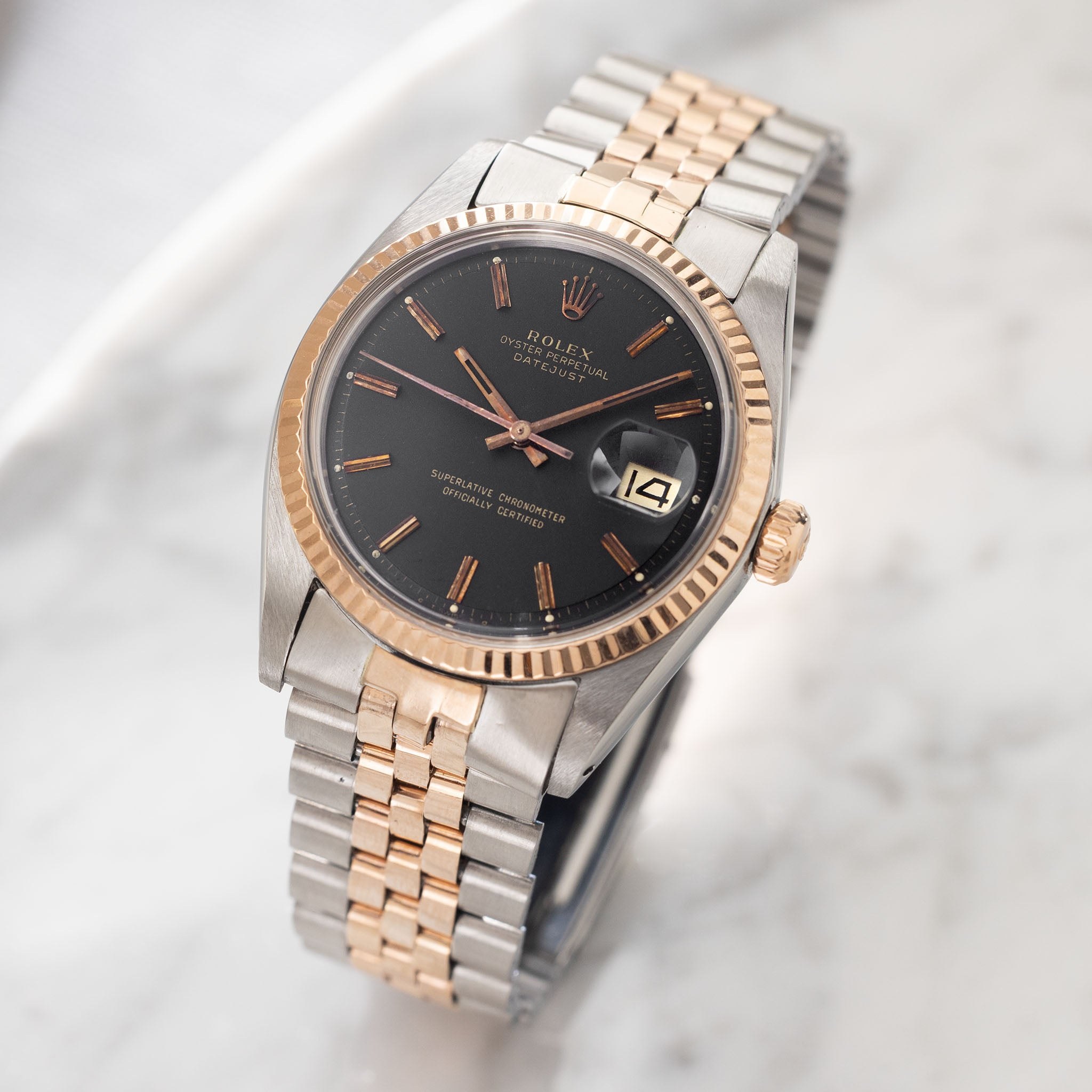 ساعت مچی رولکس Datejust رفرنس 1601 استیل و طلای رزگلد با صفحه مشکی سیگما، ساخت 1973