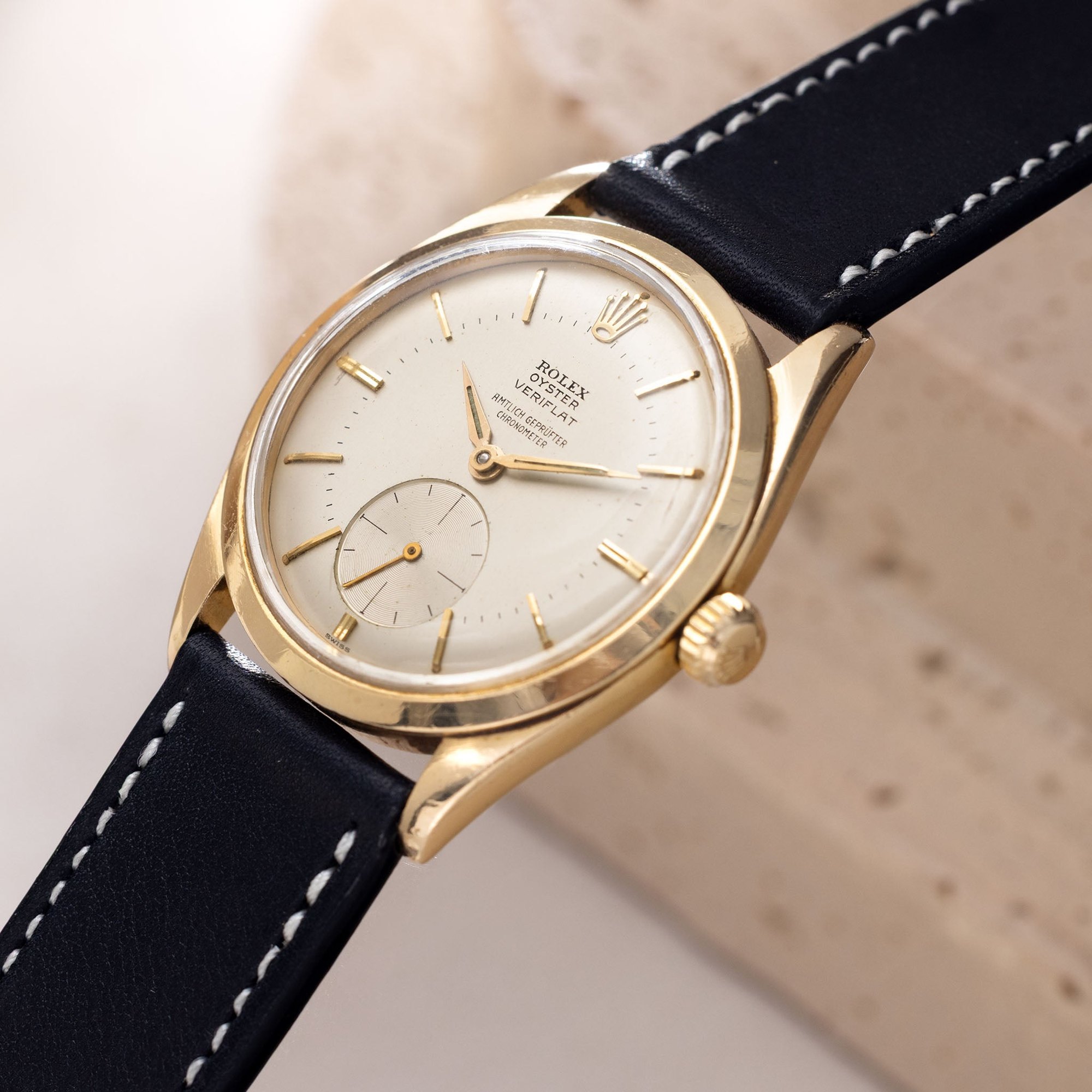 تصویر منبع؛ ساعت مچی Rolex Oyster Veriflat رفرنس 6512 از طلای زرد ۱۸ عیار