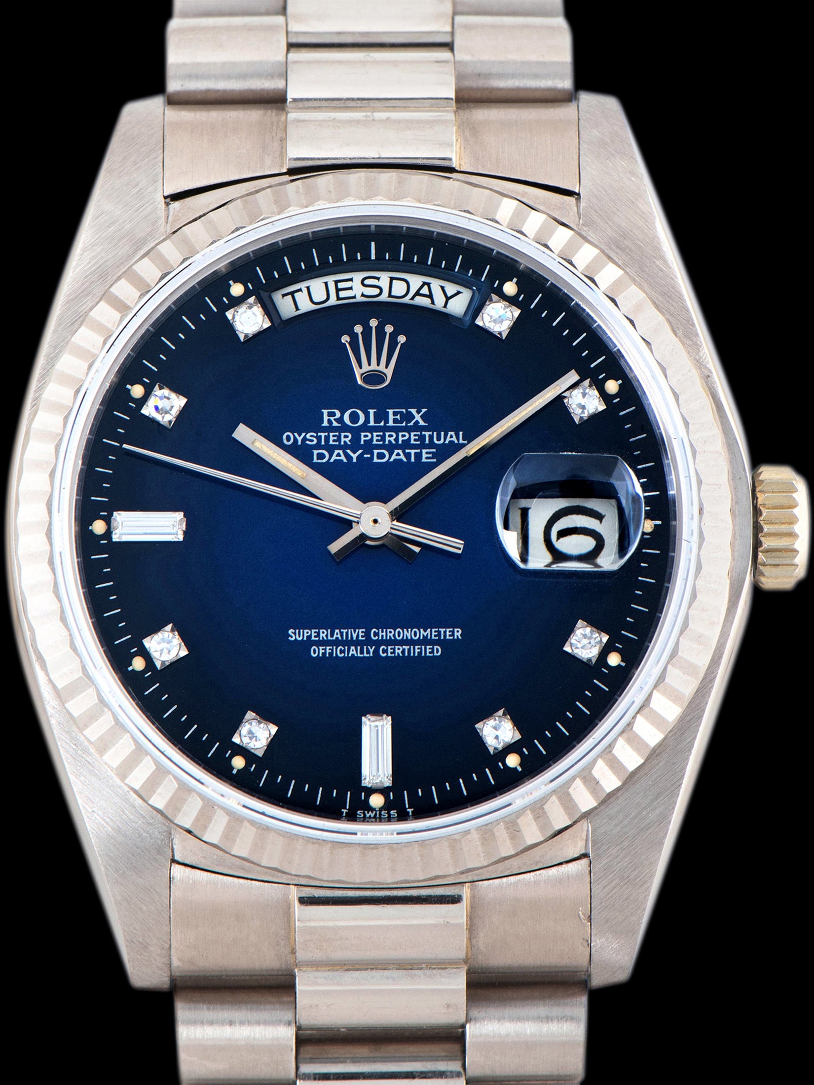 تصویر منبع؛ ساعت Rolex Day-Date 18K WG (Ref. 18039) با صفحه آبی Vignette و الماس