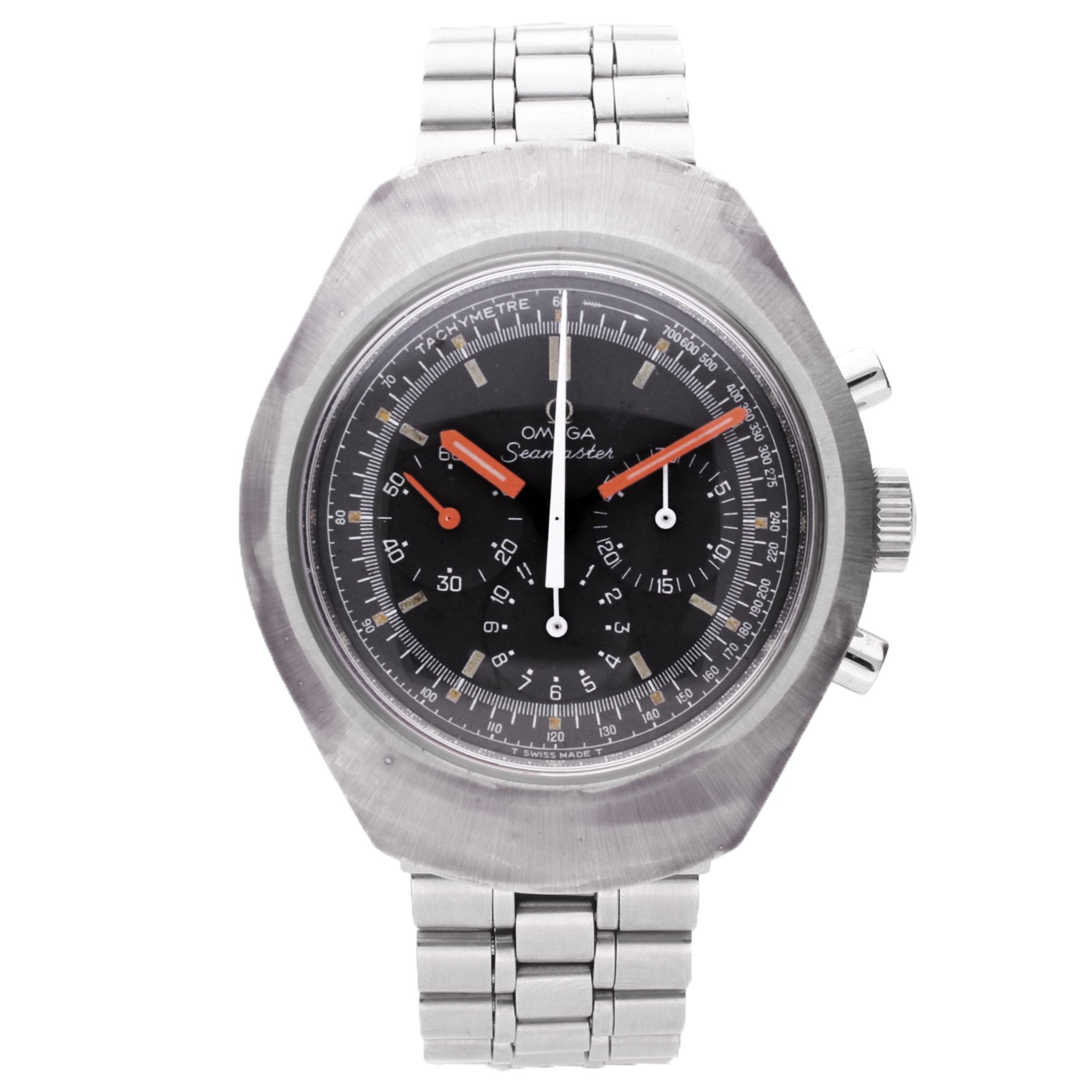 تصویر منبع؛ ساعت مچی کرونوگراف OMEGA Seamaster 'Flat jedi' از جنس فولاد ضد زنگ، ۱۹۷۱
