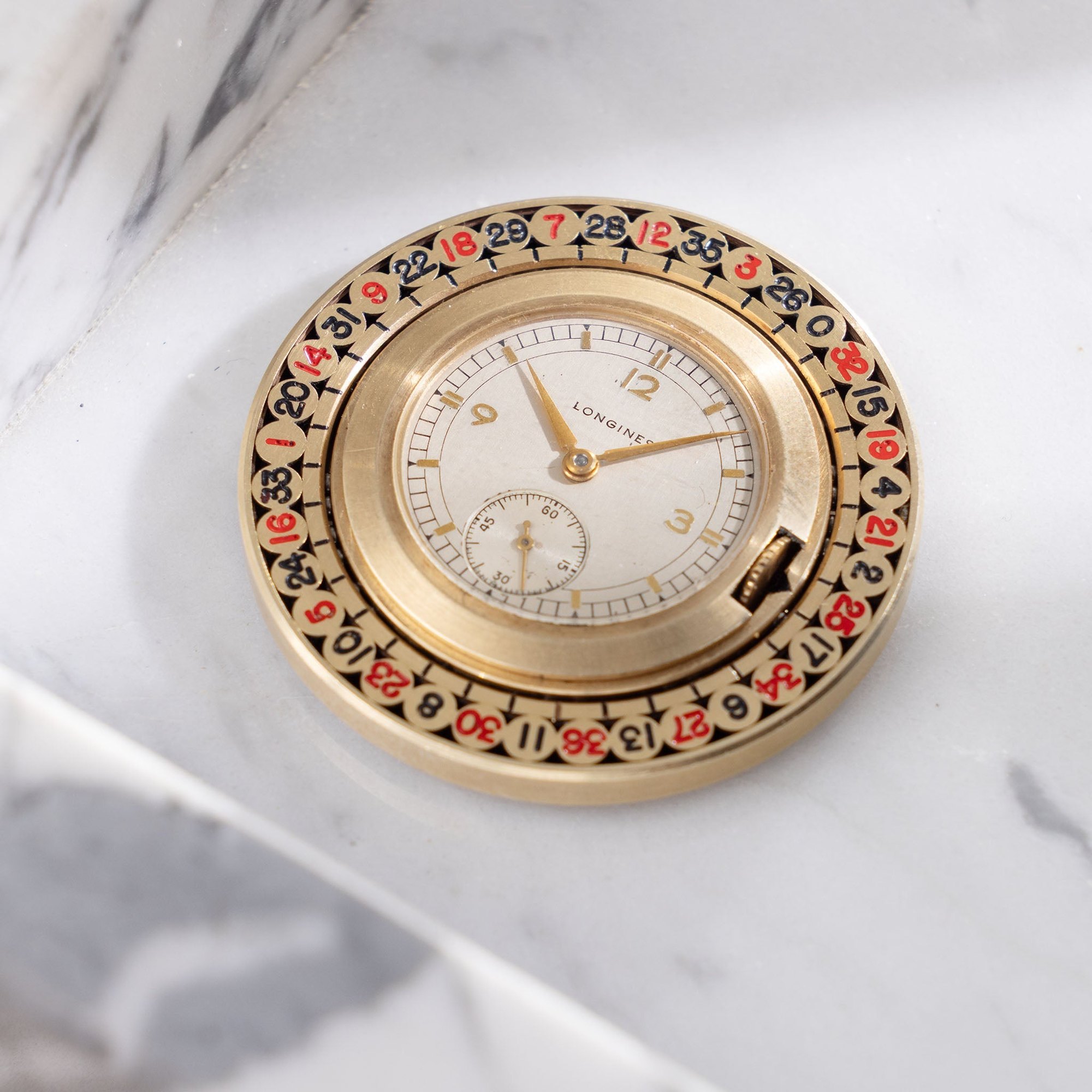 تصویر منبع؛ ساعت جیبی Longines مدل Roulette با قاب طلای زرد ۱۴ عیار