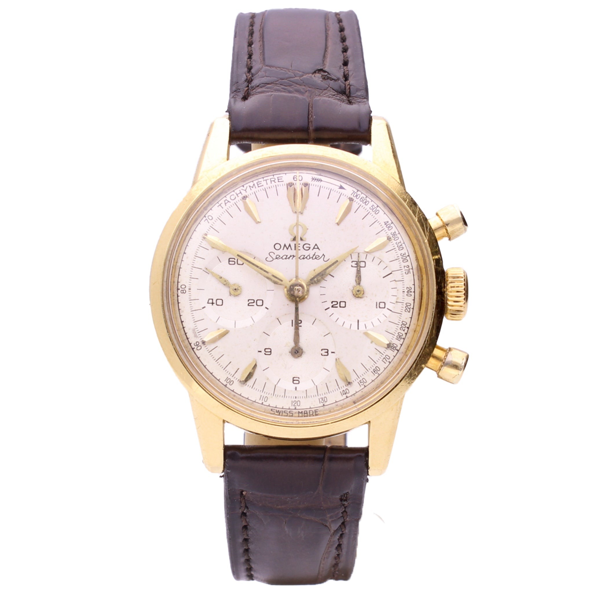 تصویر منبع؛ ساعت مچی کرونوگراف OMEGA Seamaster از طلای زرد ۱۸ عیار، ۱۹۶۵