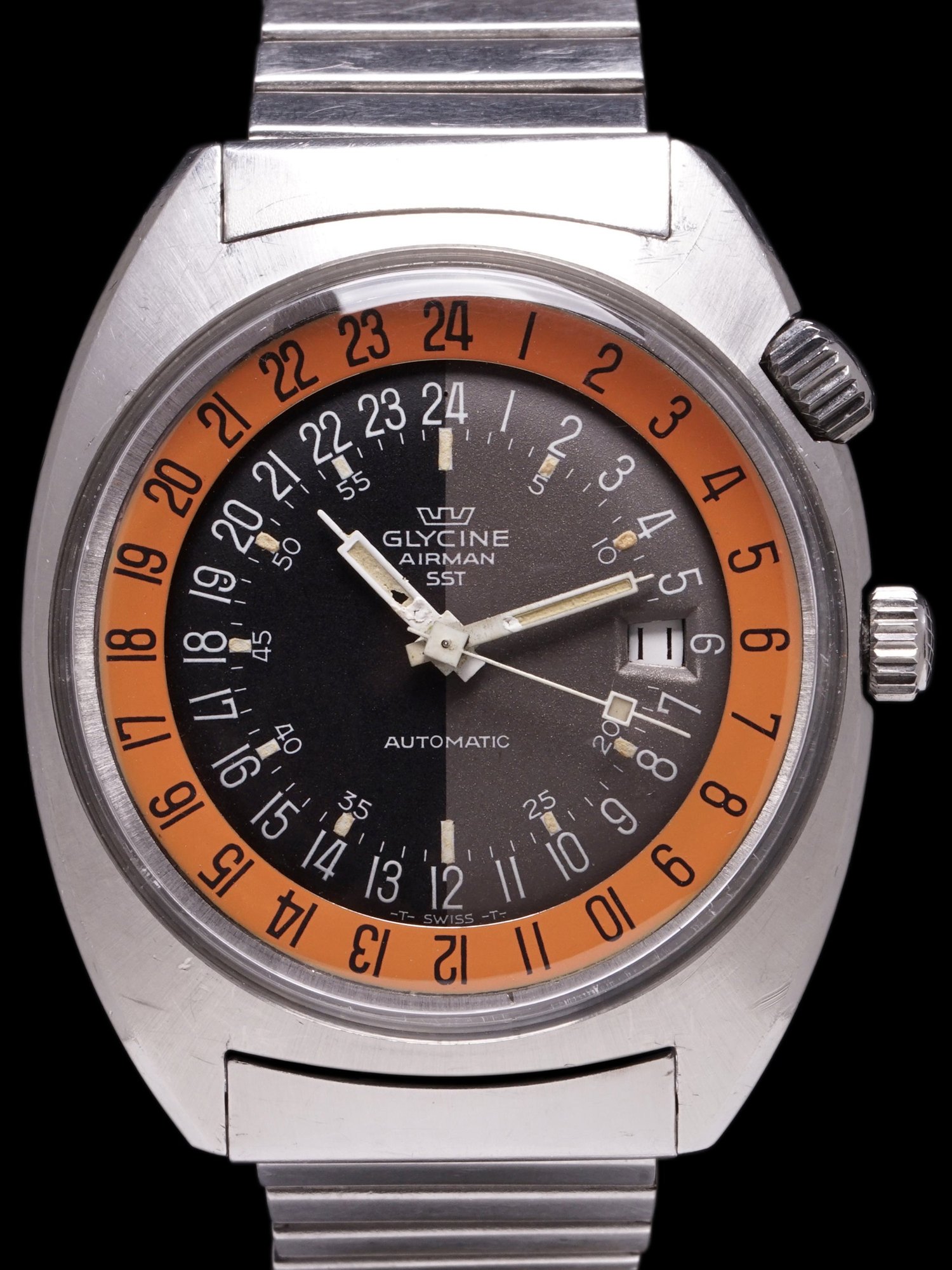 تصویر منبع؛ ساعت مچی Glycine مدل Airman SST 24Hr "Pumpkin" سال ۱۹۶۹