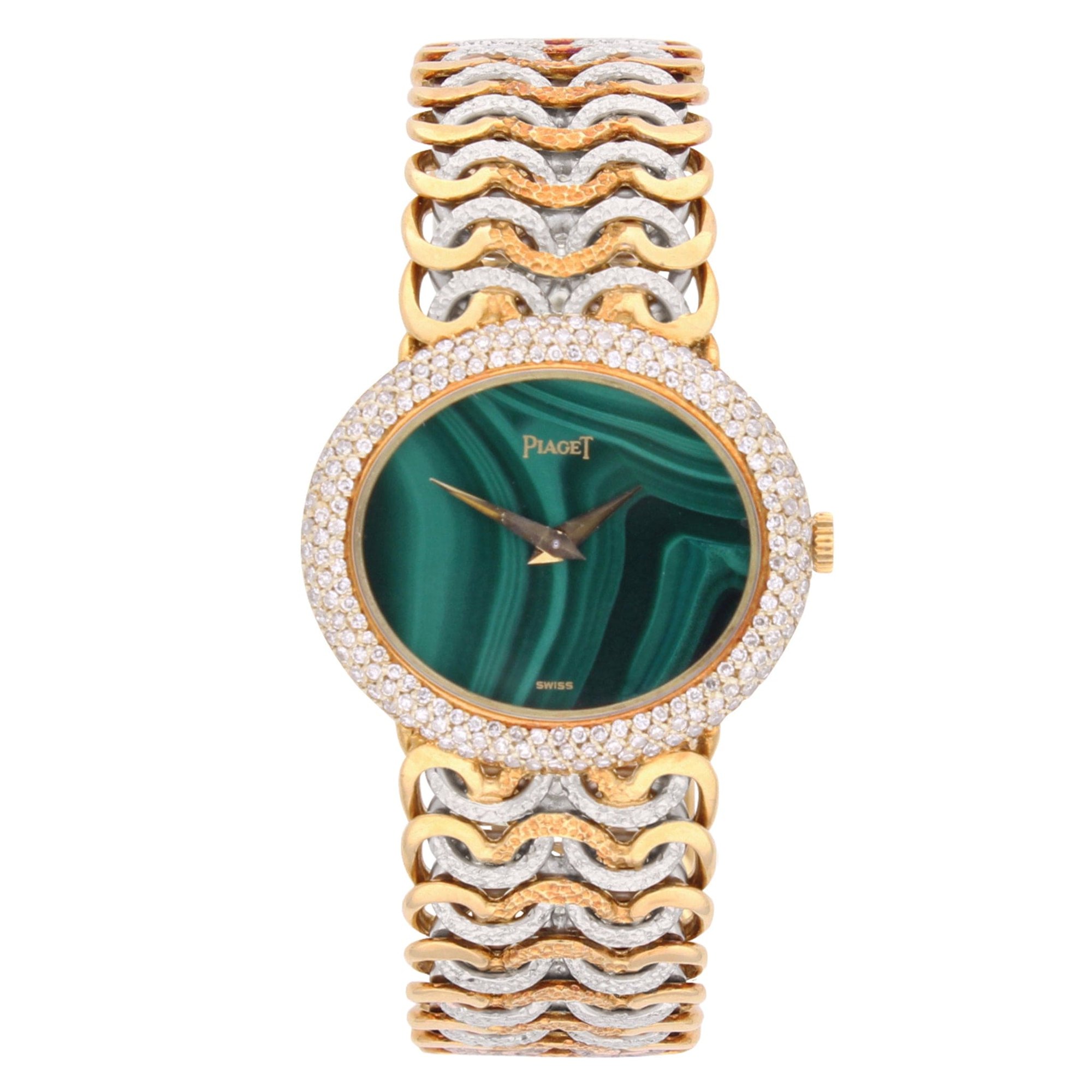 تصویر منبع؛ ساعت مچی زنانه Piaget رفرنس 98125 با قاب بیضی، صفحه مالاکیت و نگینهای برلیان