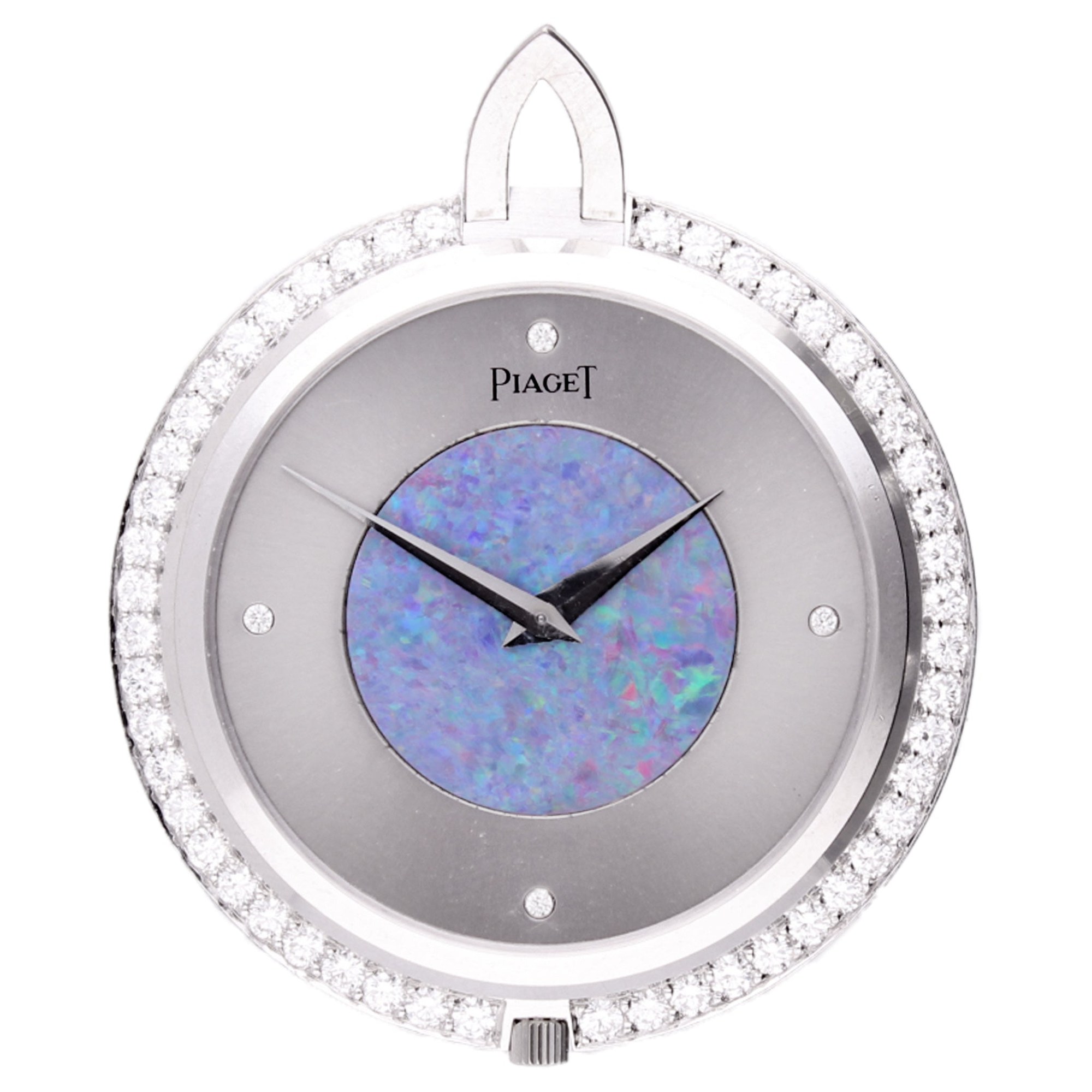 تصویر منبع؛ ساعت جیبی طلای سفید ۱۸ عیار Piaget با صفحه اوپال و الماس، ۱۹۷۰