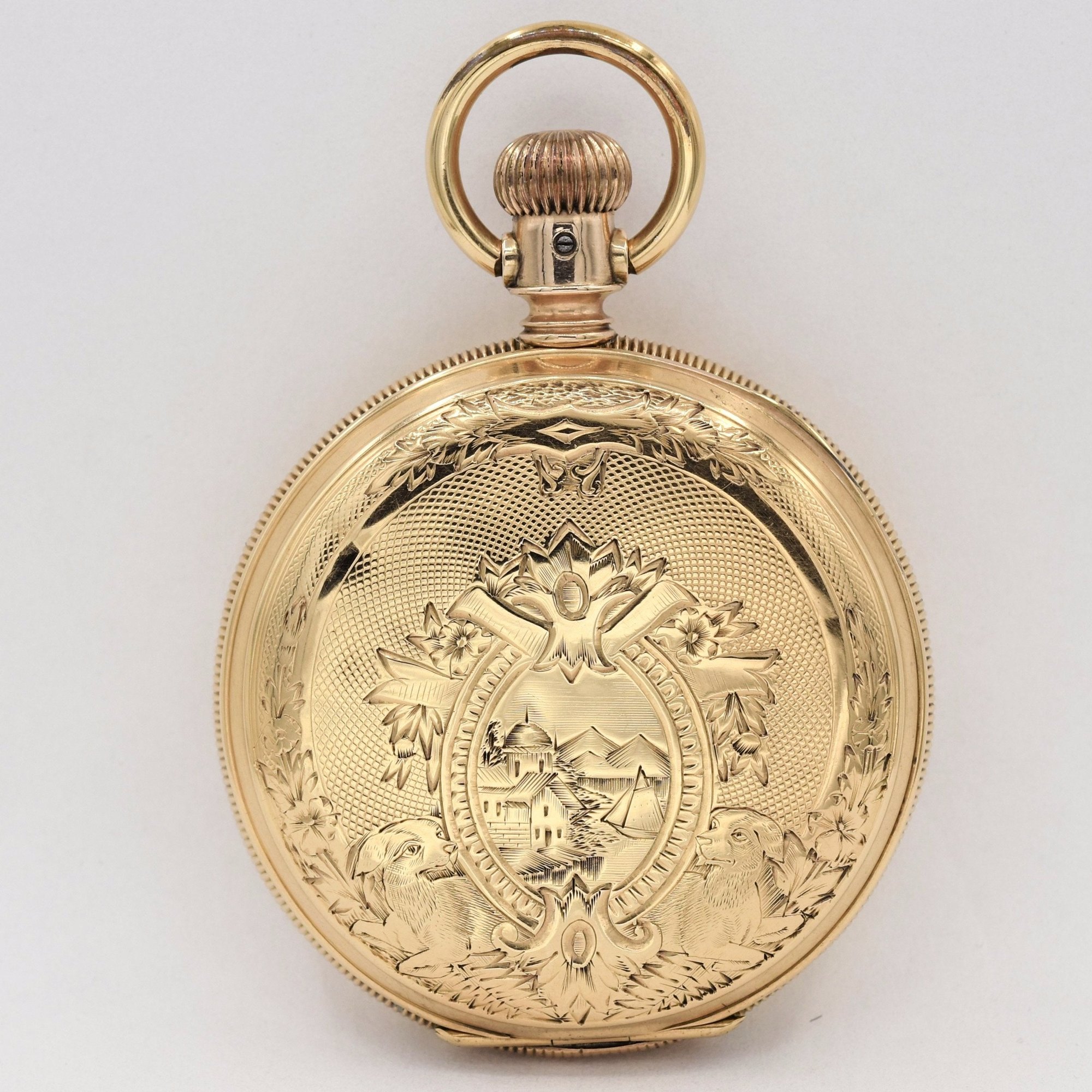 تصویر منبع؛ ساعت جیبی هانتر زنانه Swiss طلای ۱۴ عیار با قاب Brooklyn Watch Case Co حدود ۱۹۰۰