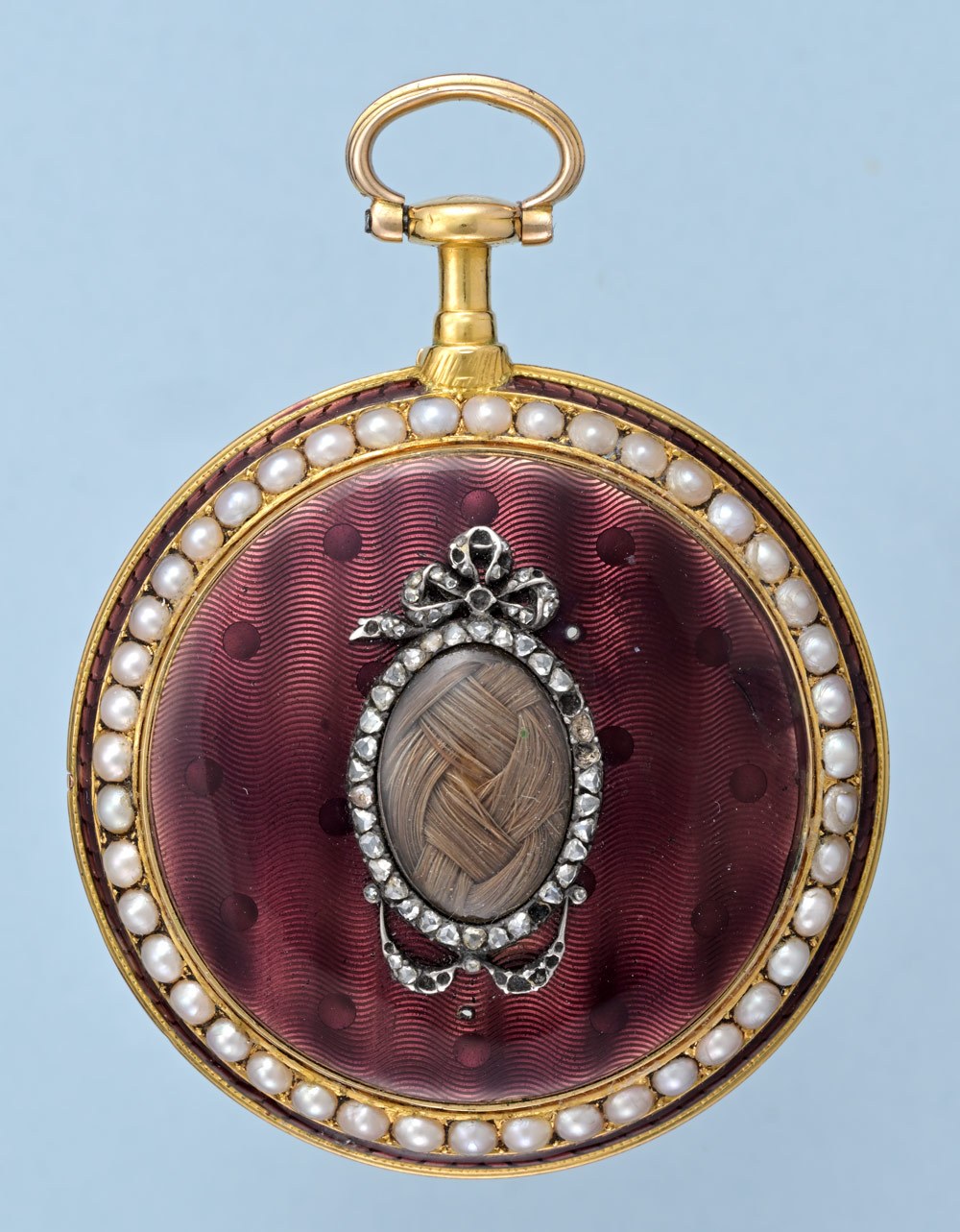 ساعت جیبی طلا و میناکاری فرانسوی A. Jaquet با قاب مرواریدنشان و مکانیزم فیوزی، اواخر قرن هجدهم