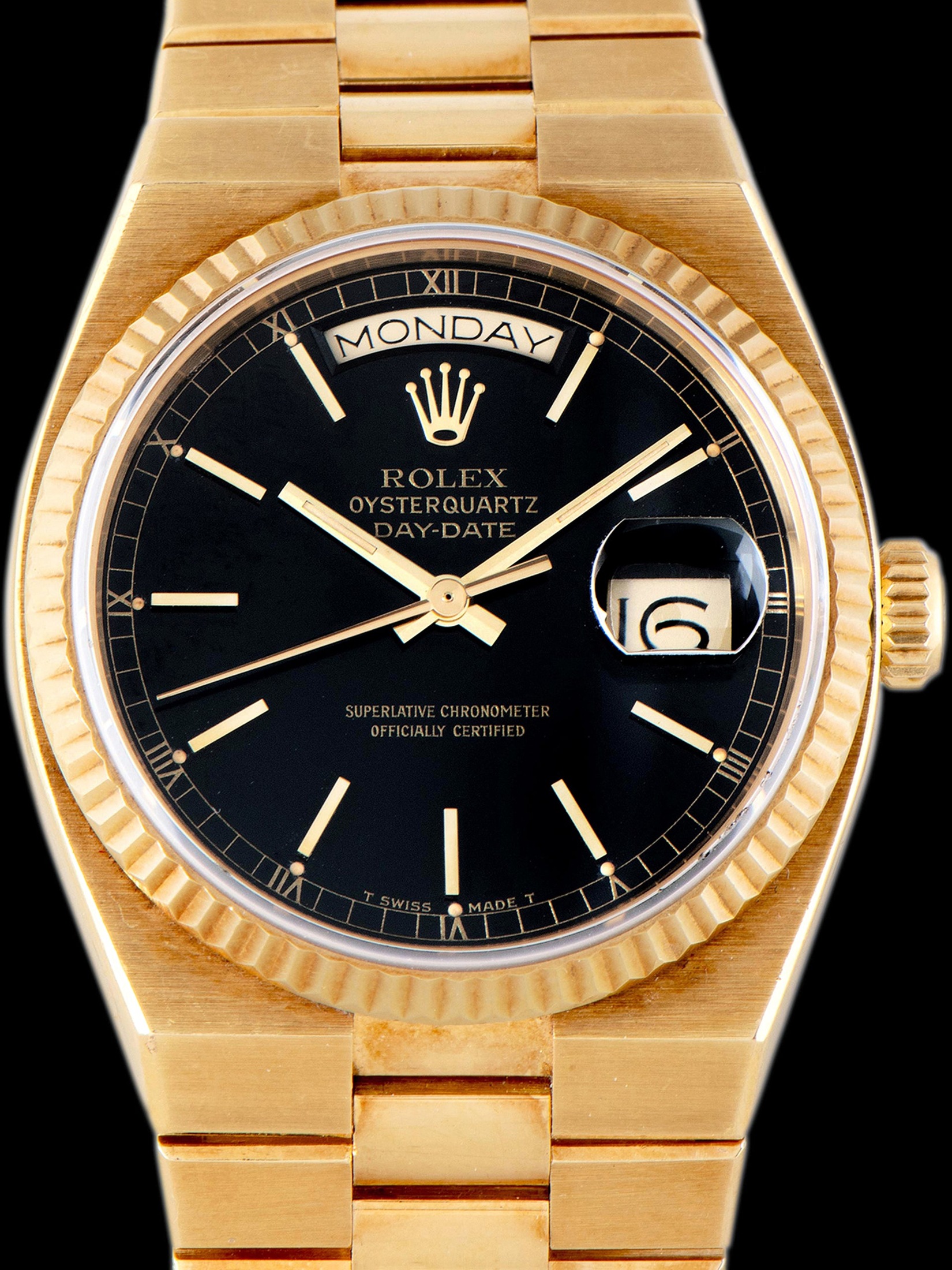 تصویر منبع؛ ساعت Rolex Oysterquartz Day-Date 18K YG (Ref. 19018) مدل ۱۹۸۵ با صفحه مشکی