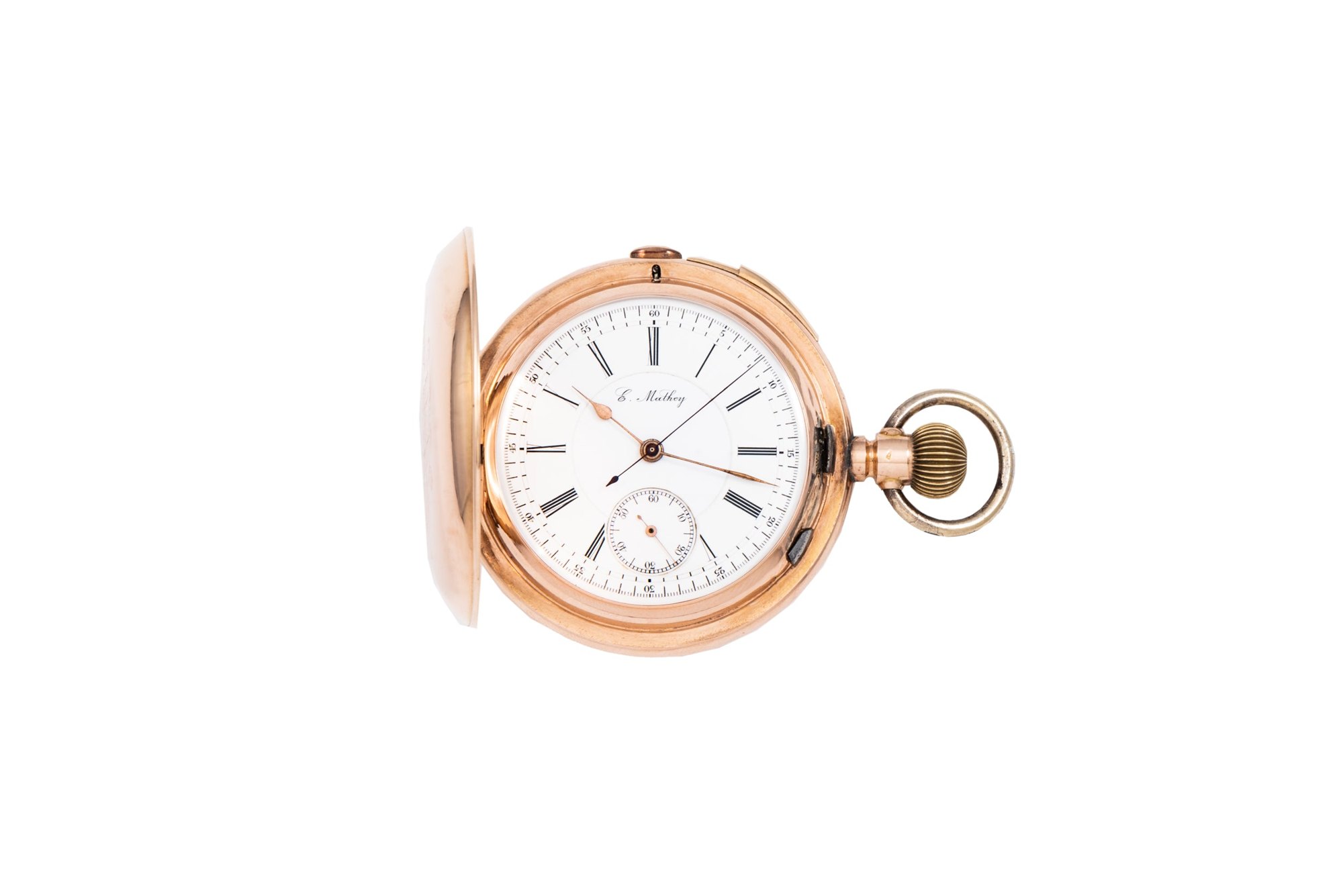 تصویر منبع؛ ساعت جیبی E. Mathey Tissot & Cie. Minute Repeater Stopwatch طلای ۱۴ عیار