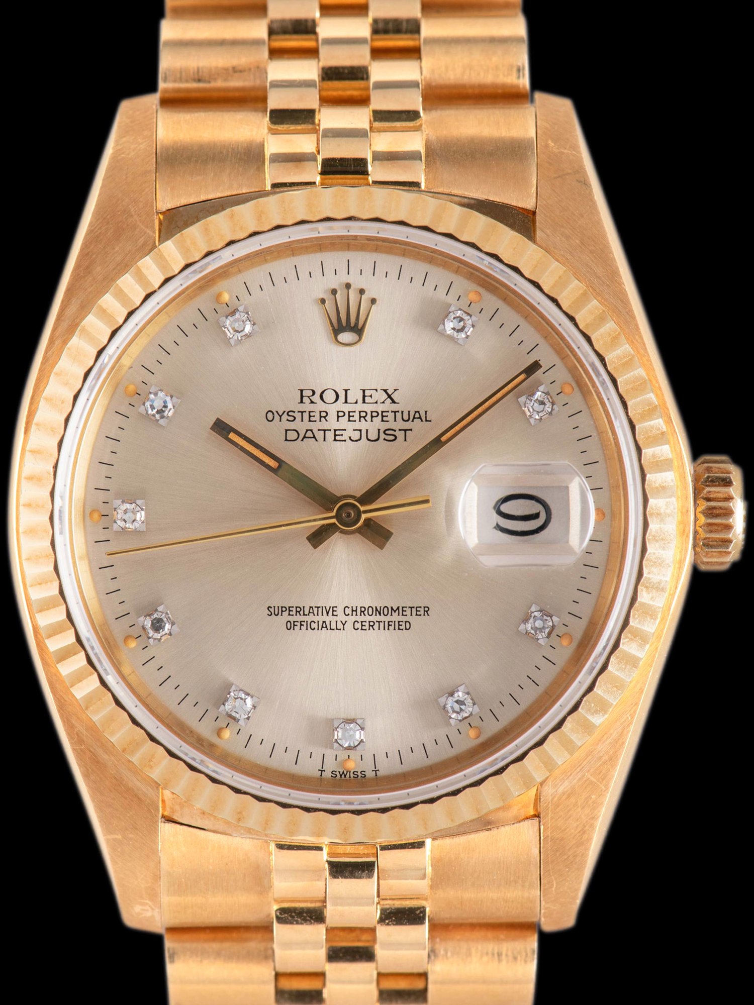 تصویر منبع؛ ساعت مچی Rolex Datejust رفرنس 16018 طلای زرد ۱۸ عیار با صفحه الماس فابریک