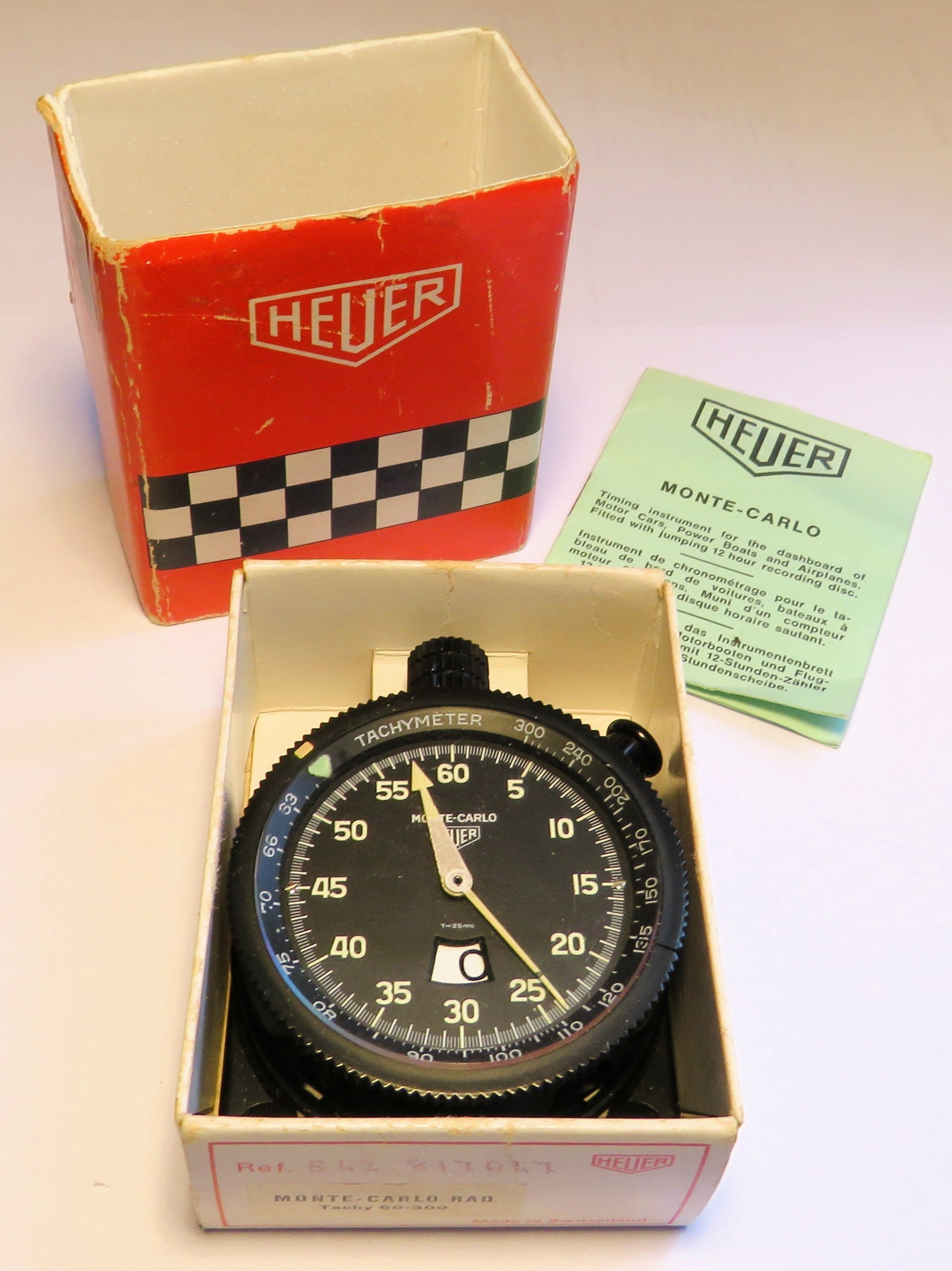 کرنومتر داشبورد رالی Heuer Monte Carlo تاکیمتر دار با جعبه و دفترچه راهنما