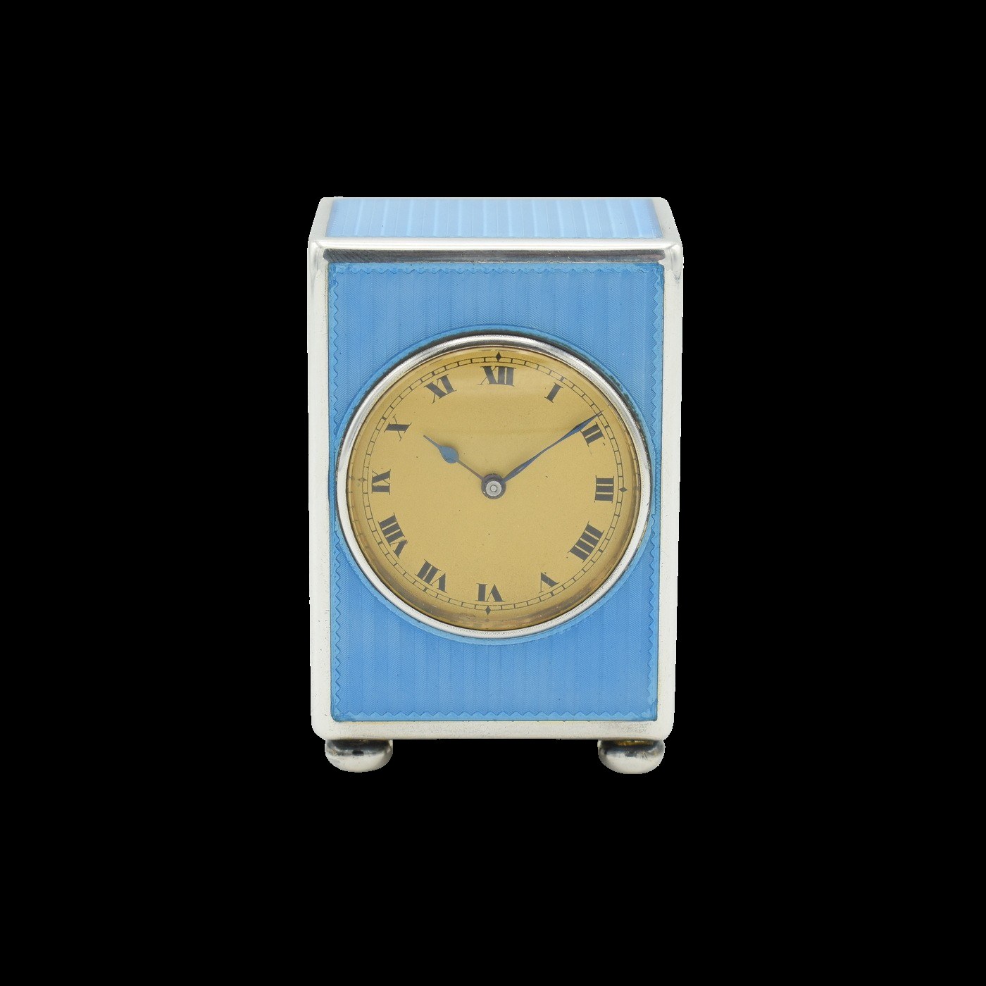 ساعت رومیزی مینیاتوری نقره با مینای گیوشه آبی ساخت The Geneva Clock Company