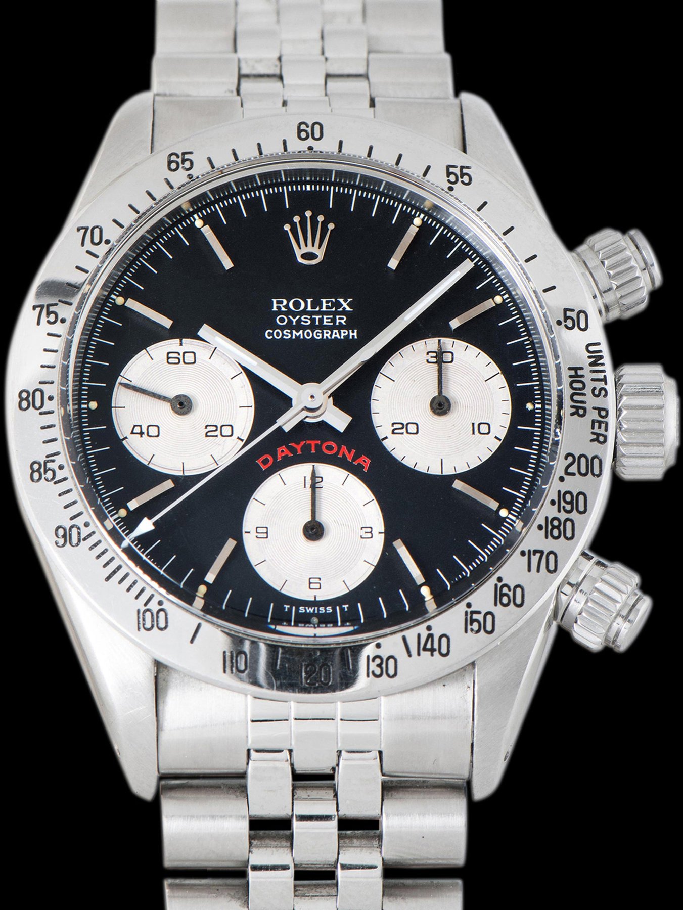 تصویر منبع؛ ساعت مچی Rolex Daytona رفرنس 6265 سال ۱۹۷۸، صفحه مشکی Floating Big Red با جعبه و مدارک گسترده