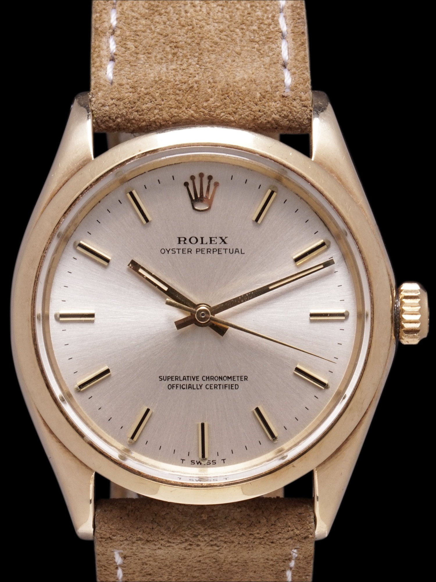 تصویر منبع؛ ساعت مچی Rolex Oyster-Perpetual رفرنس 1002 از طلای ۱۴ عیار با مدارک
