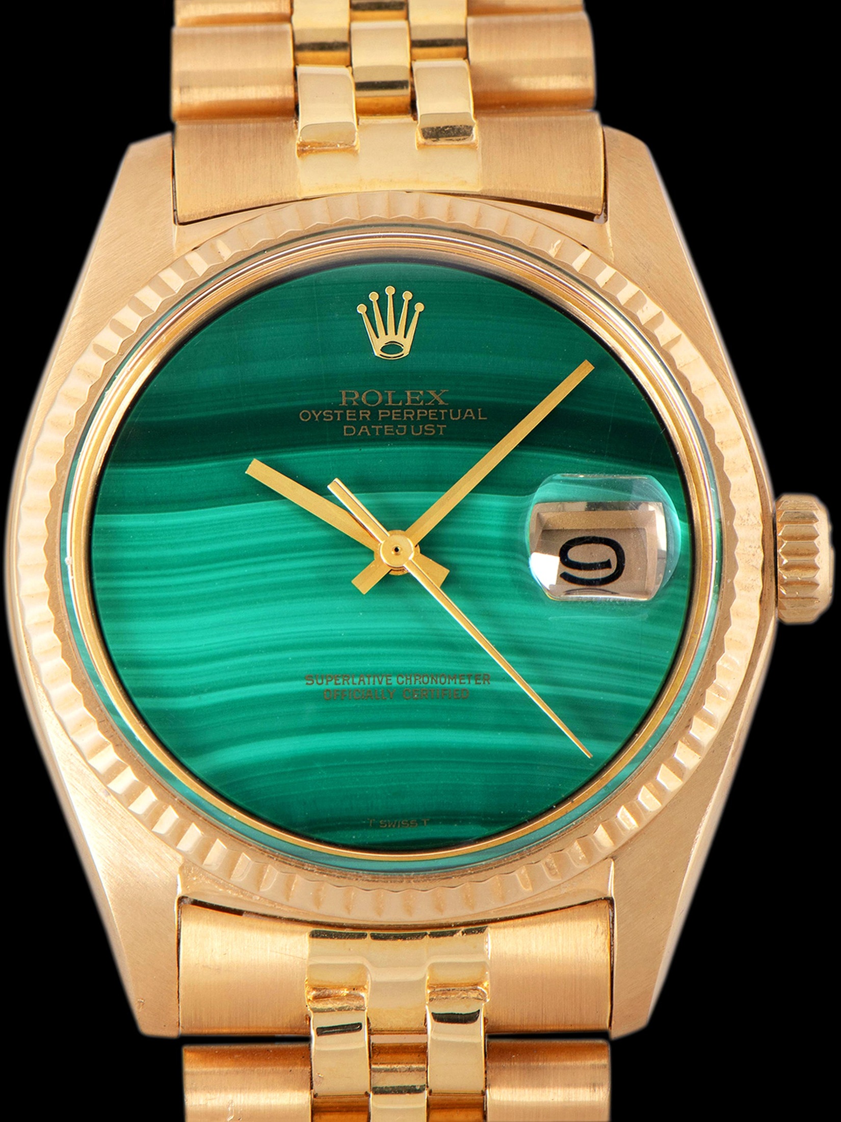 تصویر منبع؛ ساعت Rolex Datejust 18K YG (Ref. 1601) با صفحه سنگ مالاکیت مدل ۱۹۷۵