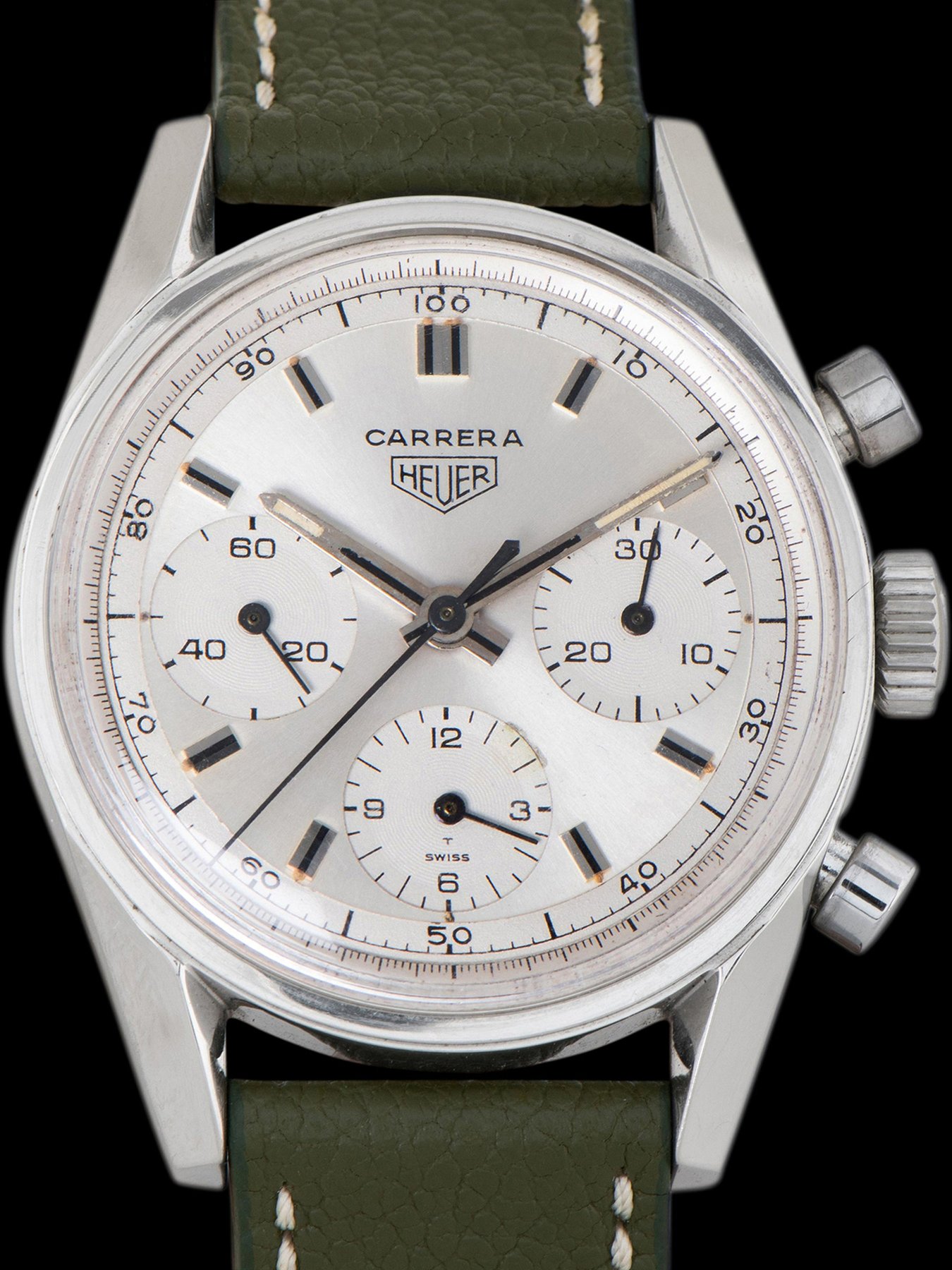 تصویر منبع؛ ساعت Heuer Carrera 12 رفرنس 2447D دهه ۱۹۶۰، اجرای دوم با صفحه نقرهای Decimal