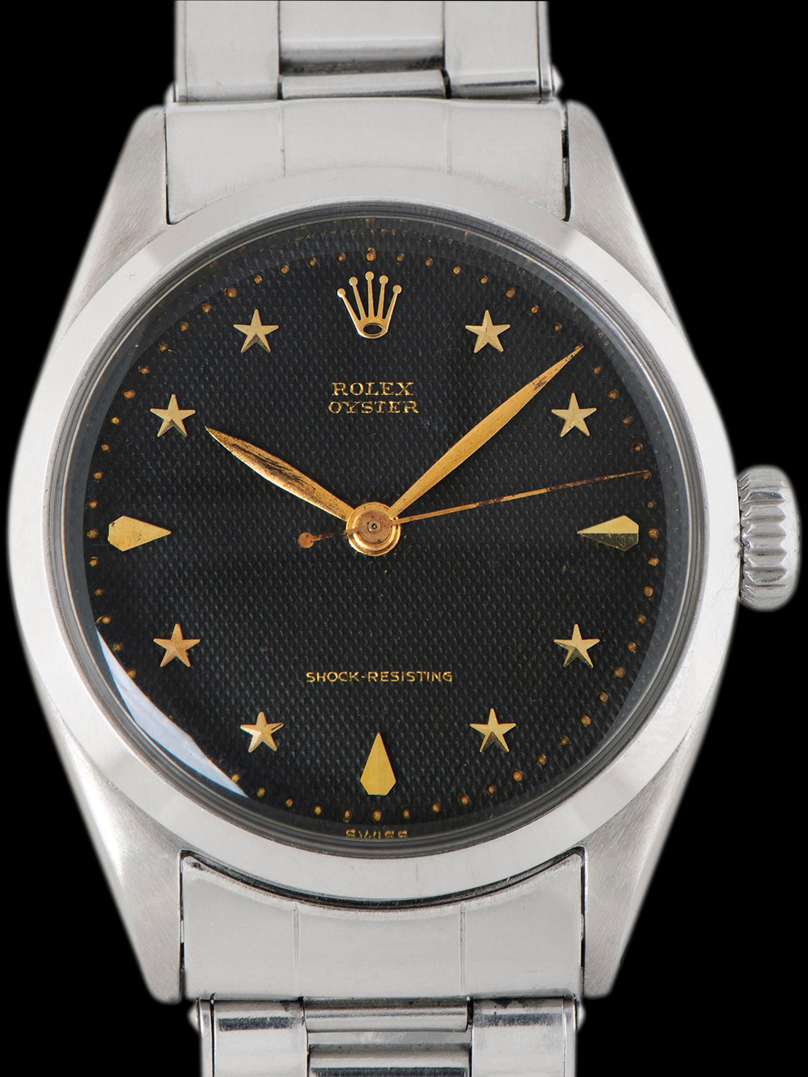 تصویر منبع؛ ساعت مچی Rolex Oyster Precision مدل 6246 با صفحه کمیاب Black Honeycomb Stelline (ساخت 1955)