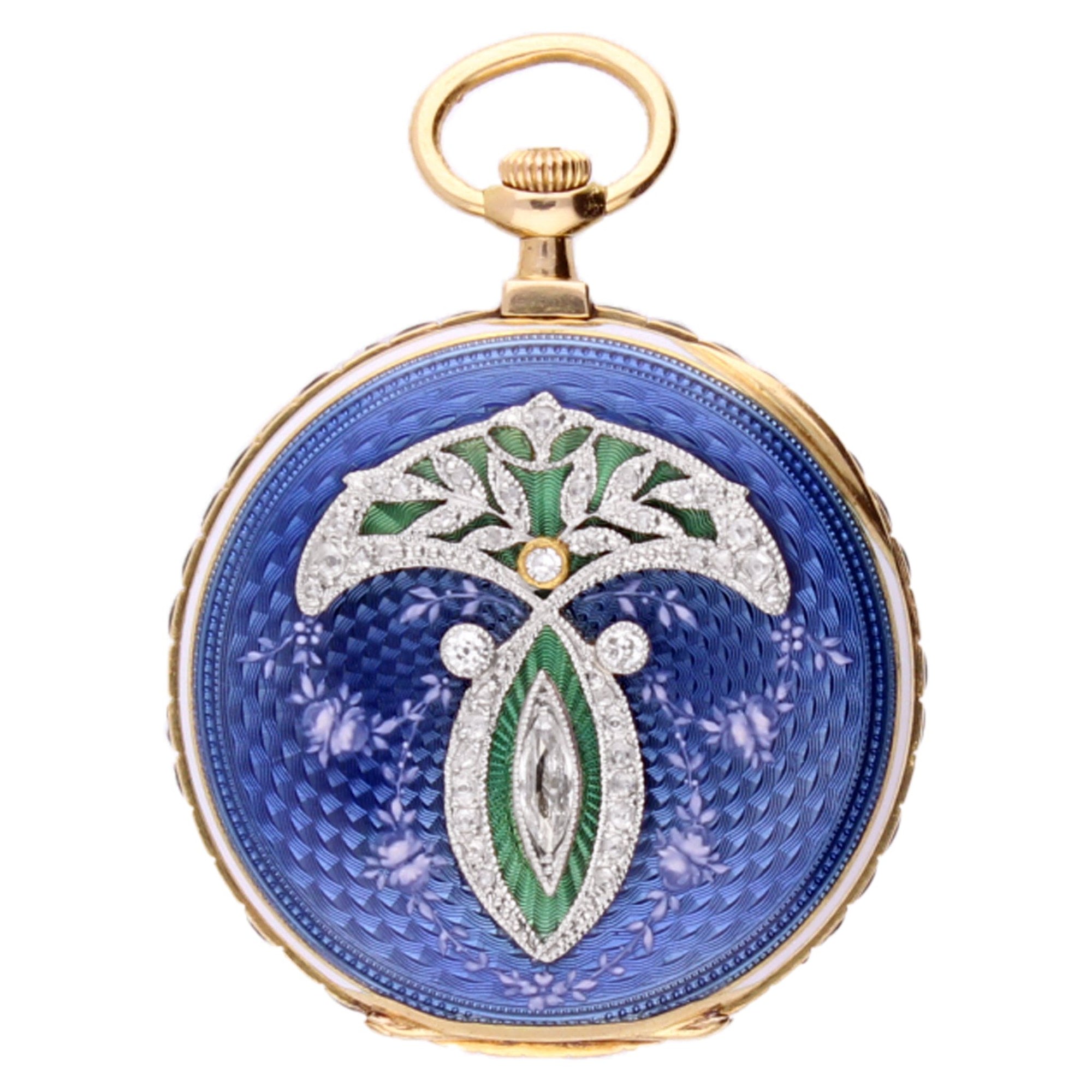 تصویر منبع؛ ساعت آویز طلای زرد ۱۸ عیار Patek Philippe با تزیین مینا، ۱۹۰۸