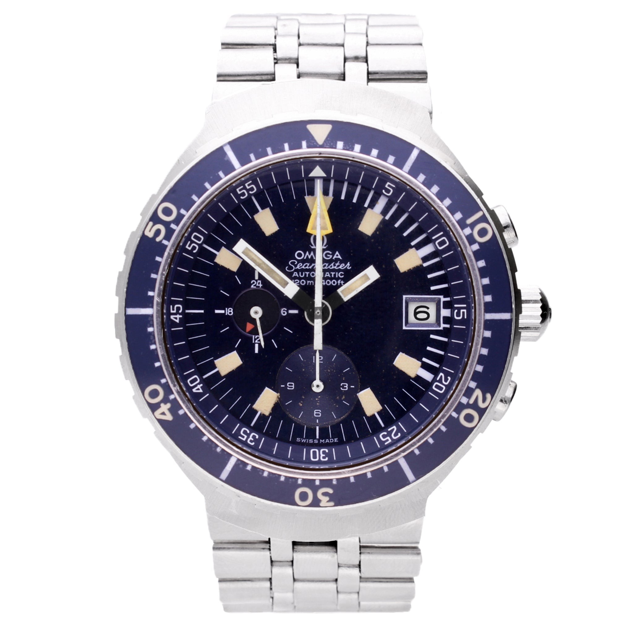 تصویر منبع؛ ساعت مچی کرونوگراف OMEGA Seamaster 'Big Blue' از جنس استیل ضدزنگ، ساخت ۱۹۷۴