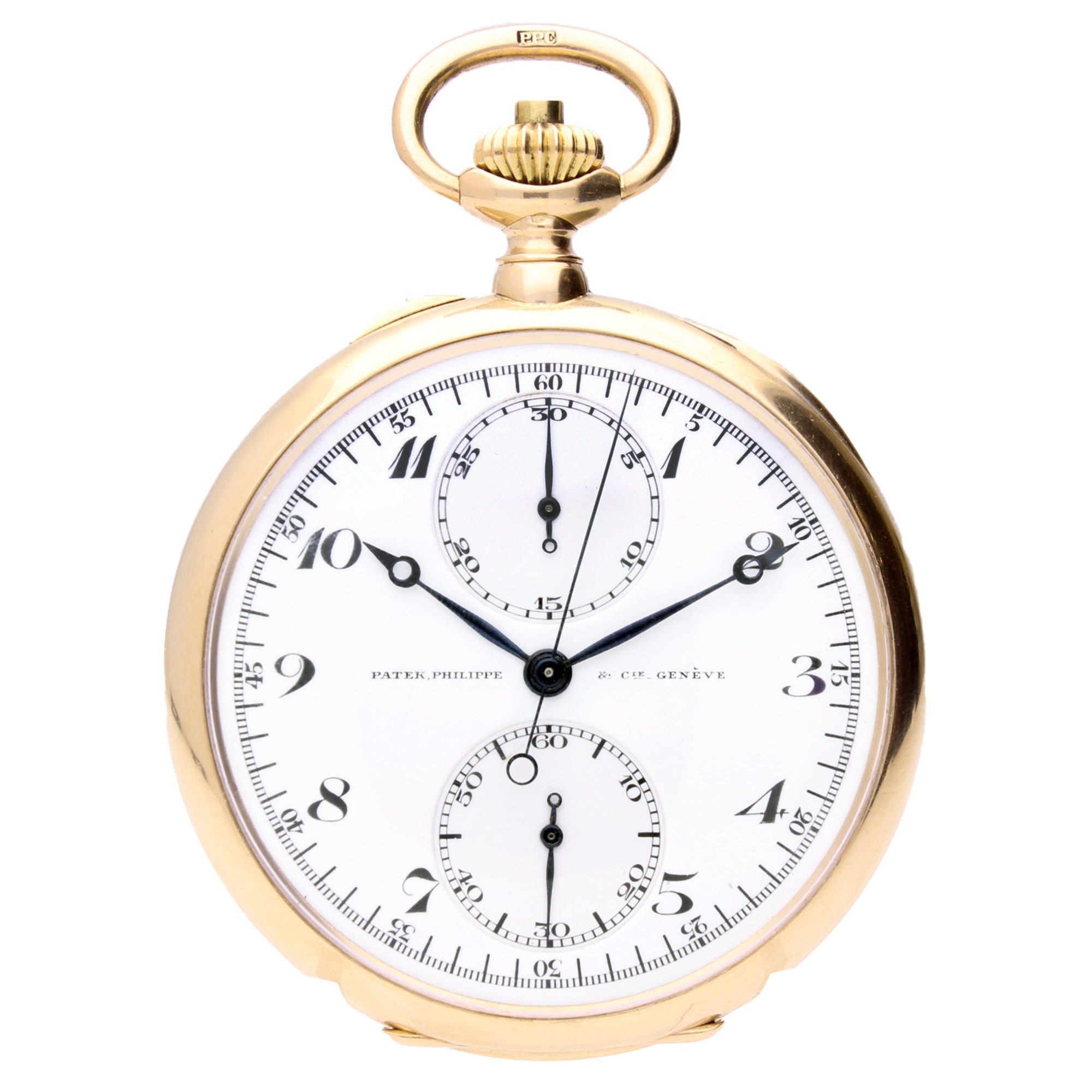 تصویر منبع؛ ساعت جیبی کرونوگراف صفحه باز طلای ۱۸ عیار Patek Philippe، ۱۹۲۴
