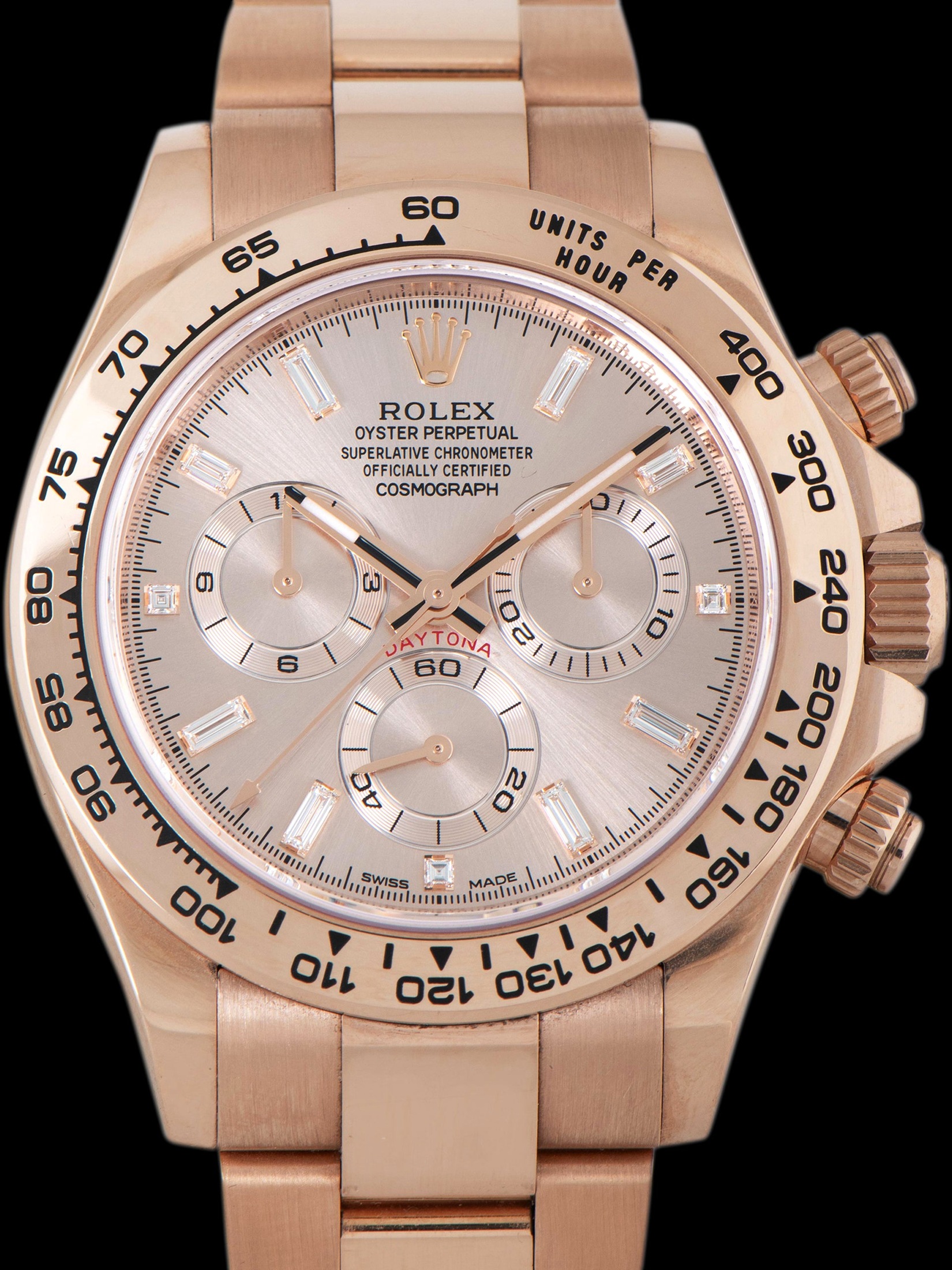 تصویر منبع؛ ساعت Rolex Daytona 18K RG (Ref. 116505) با صفحه Factory Baguette Diamond و ست کامل