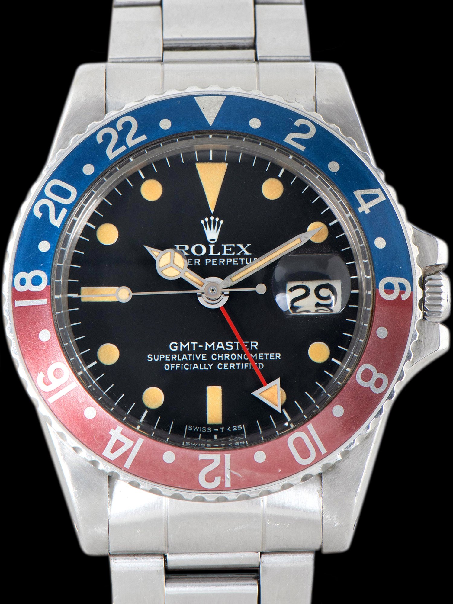 تصویر منبع؛ ساعت مچی رولکس Rolex GMT-Master رفرنس 1675 با صفحه Mk. IV سال ۱۹۷۵
