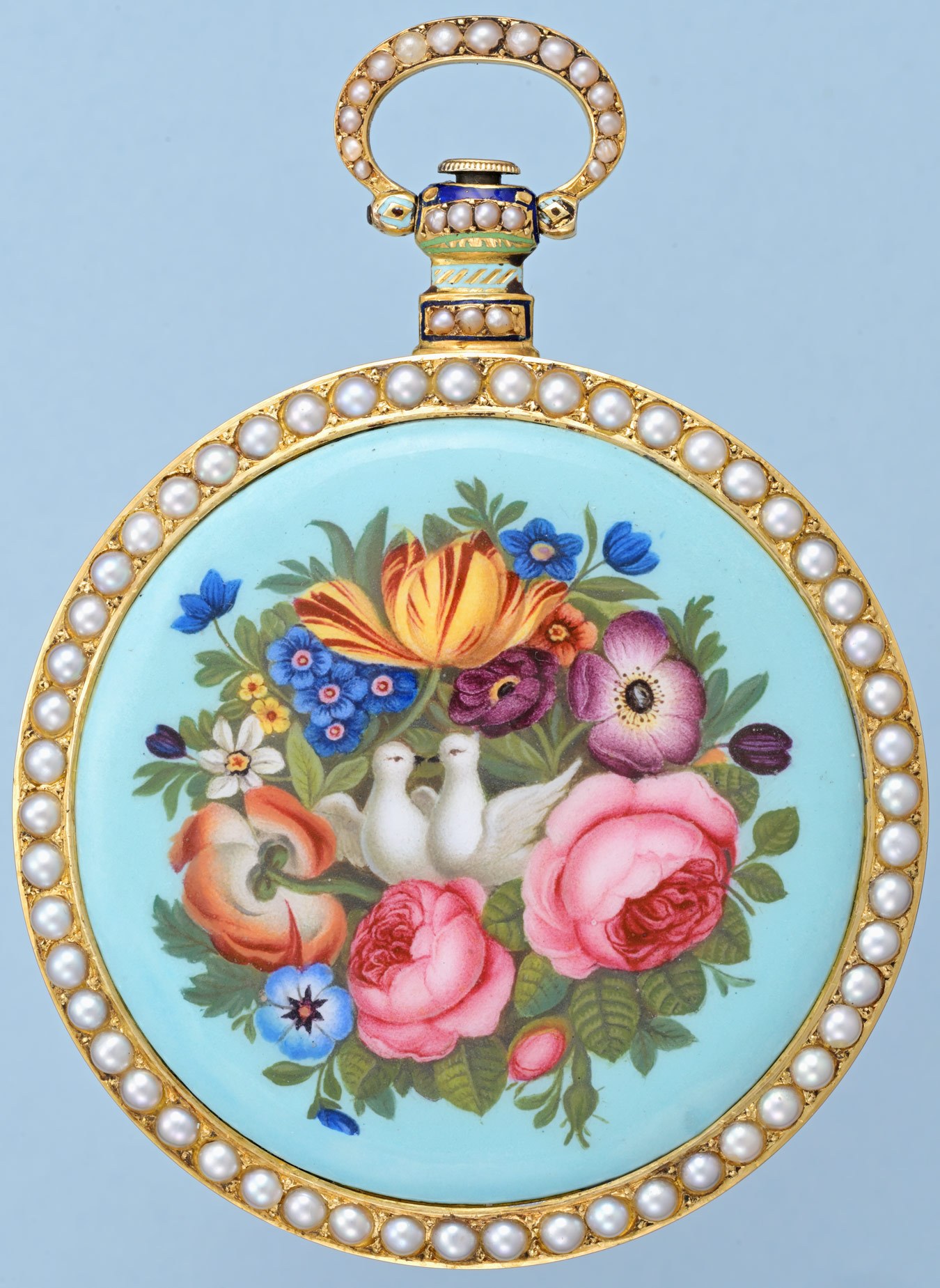 ساعت جیبی Bovet Fleurier بازار چین با مهار دوپلکس و قاب طلا، میناکاری و مروارید، اوایل قرن نوزدهم