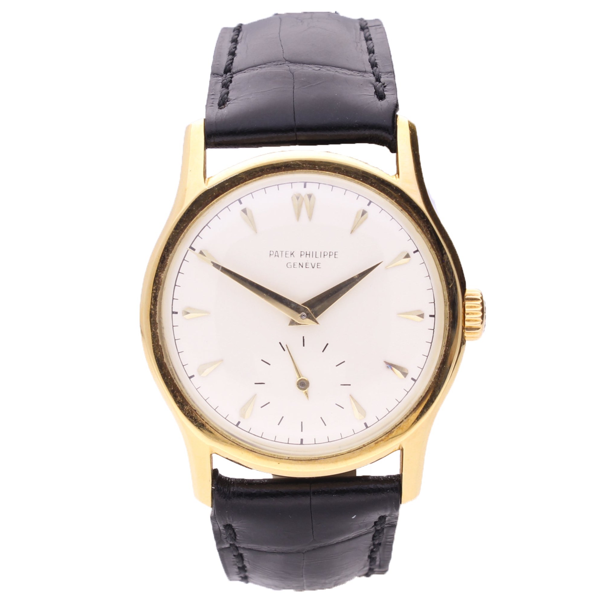 تصویر منبع؛ ساعت مچی طلای زرد ۱۸ عیار Patek Philippe Calatrava ref. 2450، ۱۹۵۳