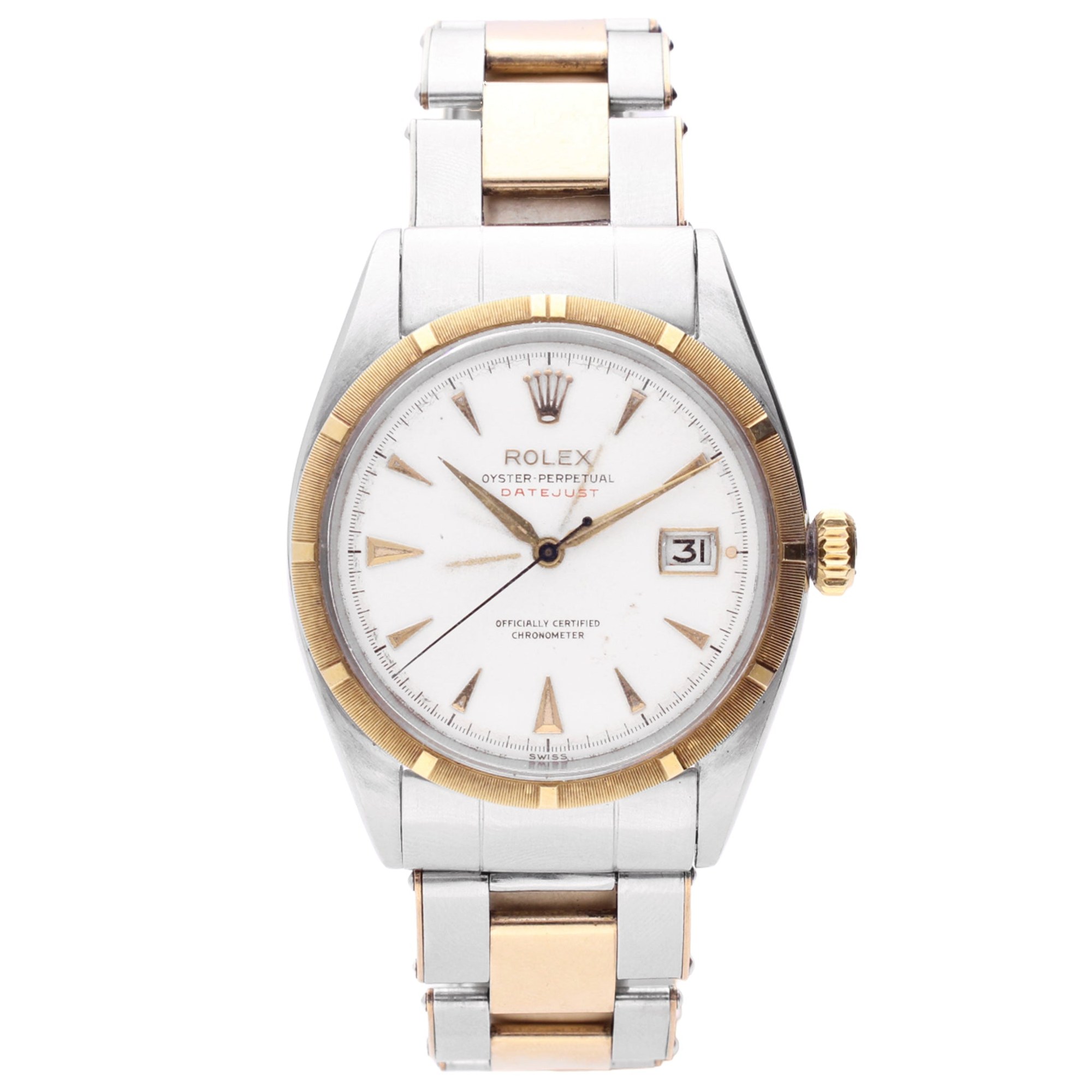 تصویر منبع؛ ساعت مچی Rolex مدل Oyster Perpetual Datejust از جنس استیل و طلای ۱۸ عیار، ۱۹۵۰