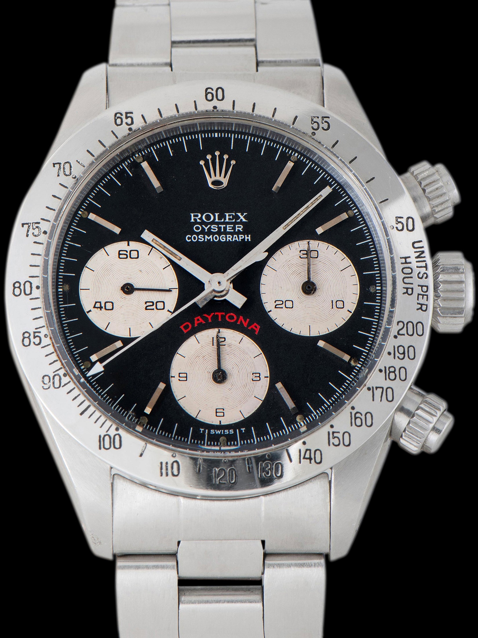 تصویر منبع؛ ساعت Rolex Daytona (Ref. 6265) با صفحه مشکی "Floating Big Red" مدل ۱۹۷۸